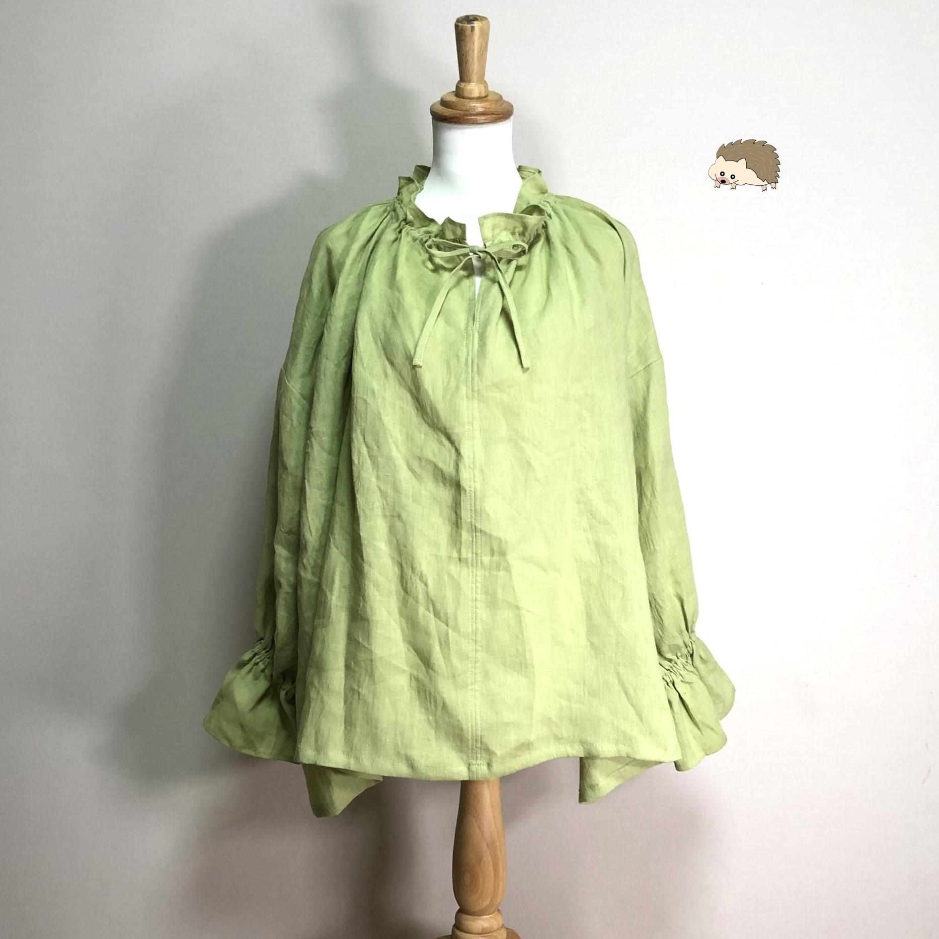 キーネックフリルブラウス【ナチュラルリネン ライト】◆ライム◆フリーサイズ(リネン100%)1枚目の画像