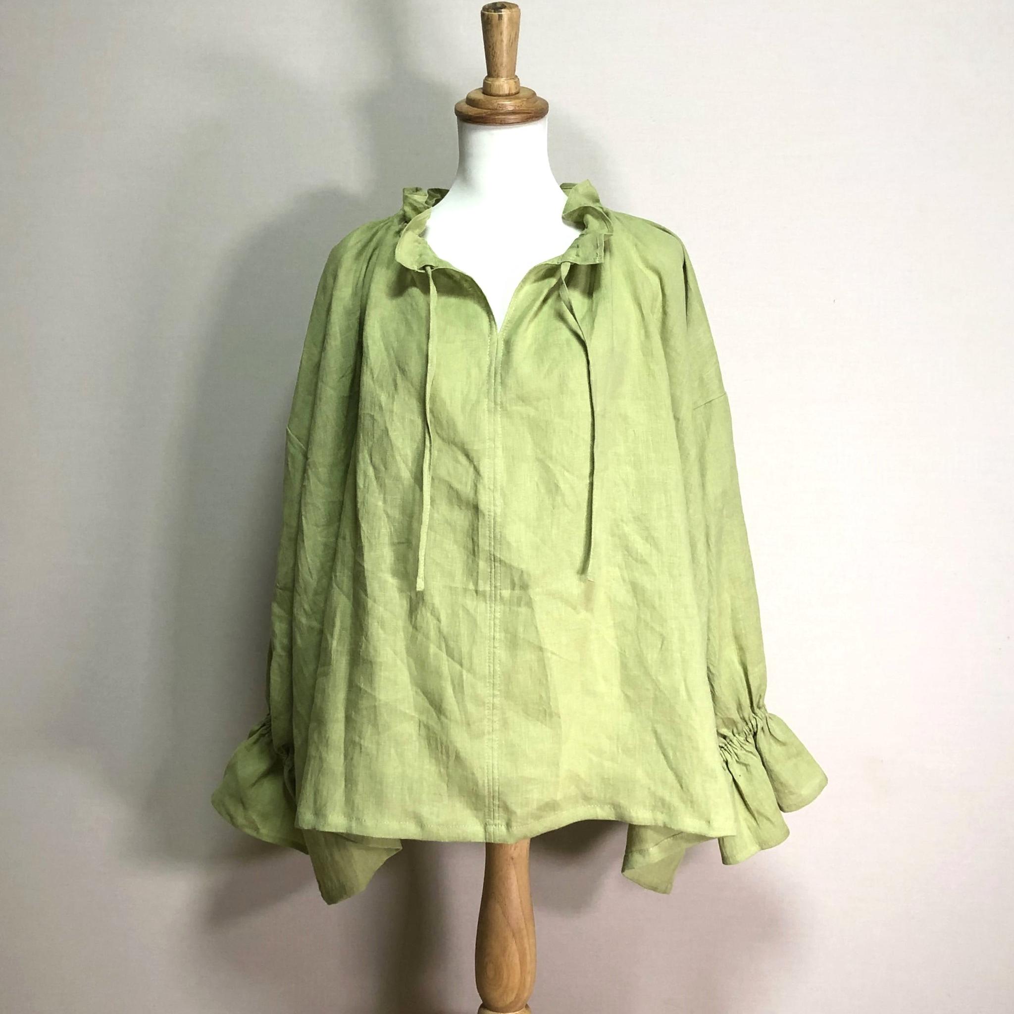 キーネックフリルブラウス【ナチュラルリネン ライト】◆ライム◆フリーサイズ(リネン100%) | 2枚目