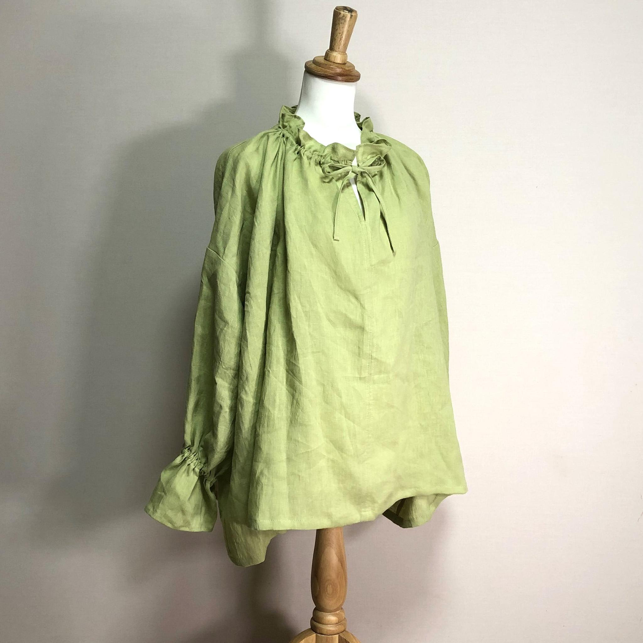 キーネックフリルブラウス【ナチュラルリネン ライト】◆ライム◆フリーサイズ(リネン100%) | 3枚目
