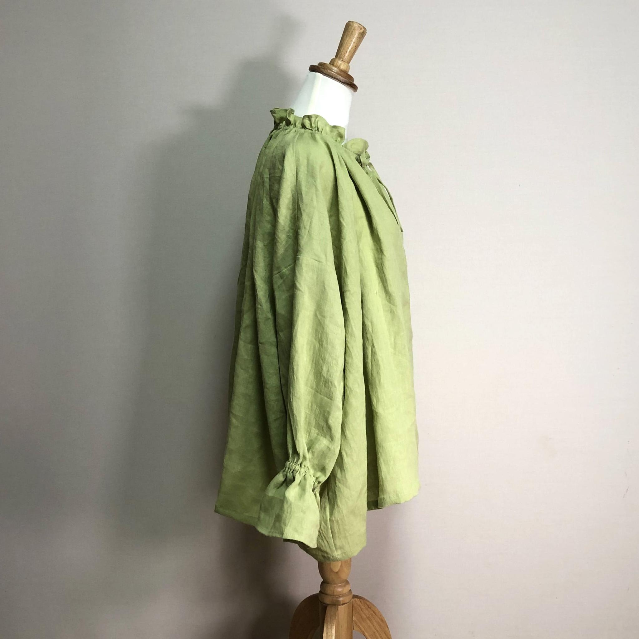 キーネックフリルブラウス【ナチュラルリネン ライト】◆ライム◆フリーサイズ(リネン100%) | 4枚目