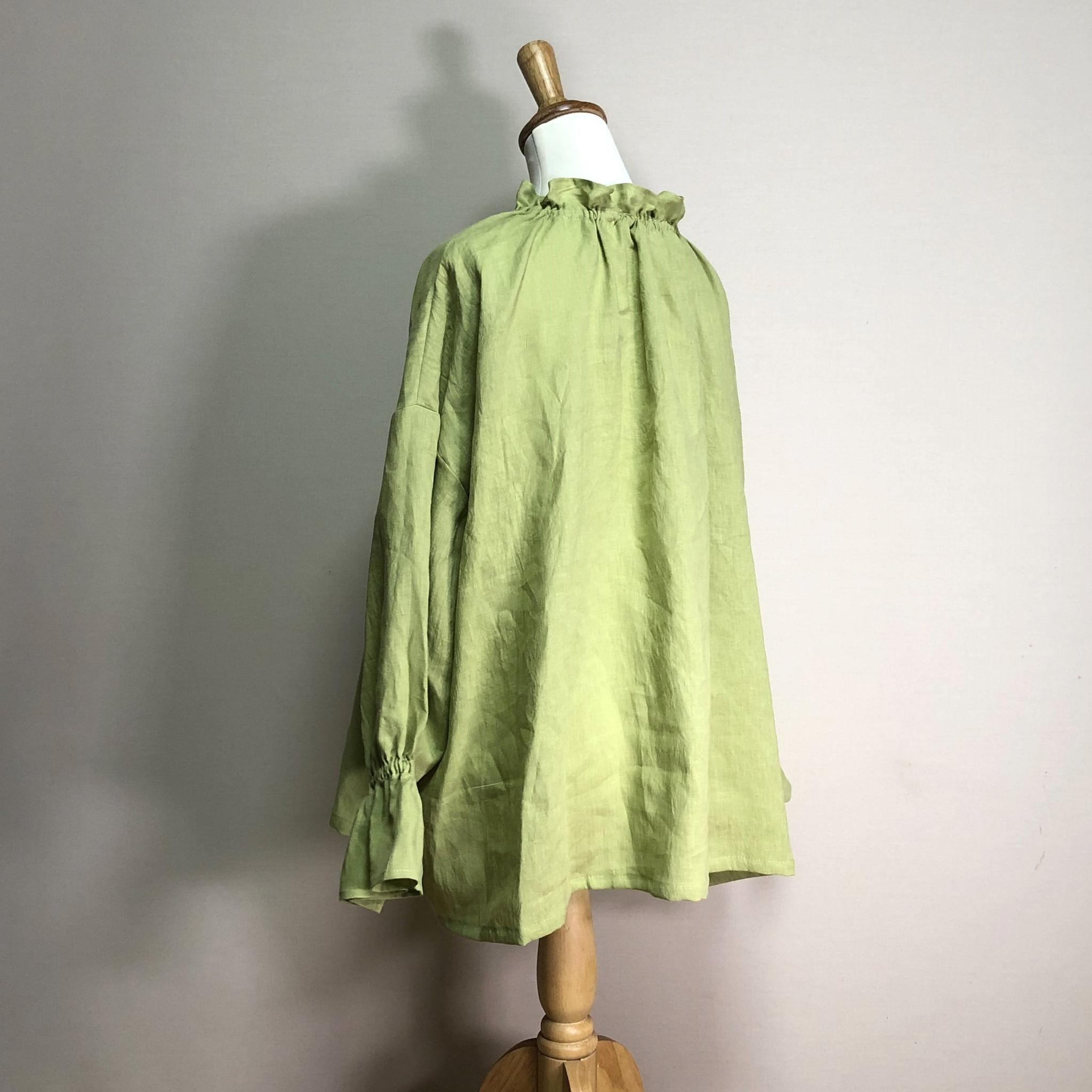キーネックフリルブラウス【ナチュラルリネン ライト】◆ライム◆フリーサイズ(リネン100%) | 5枚目