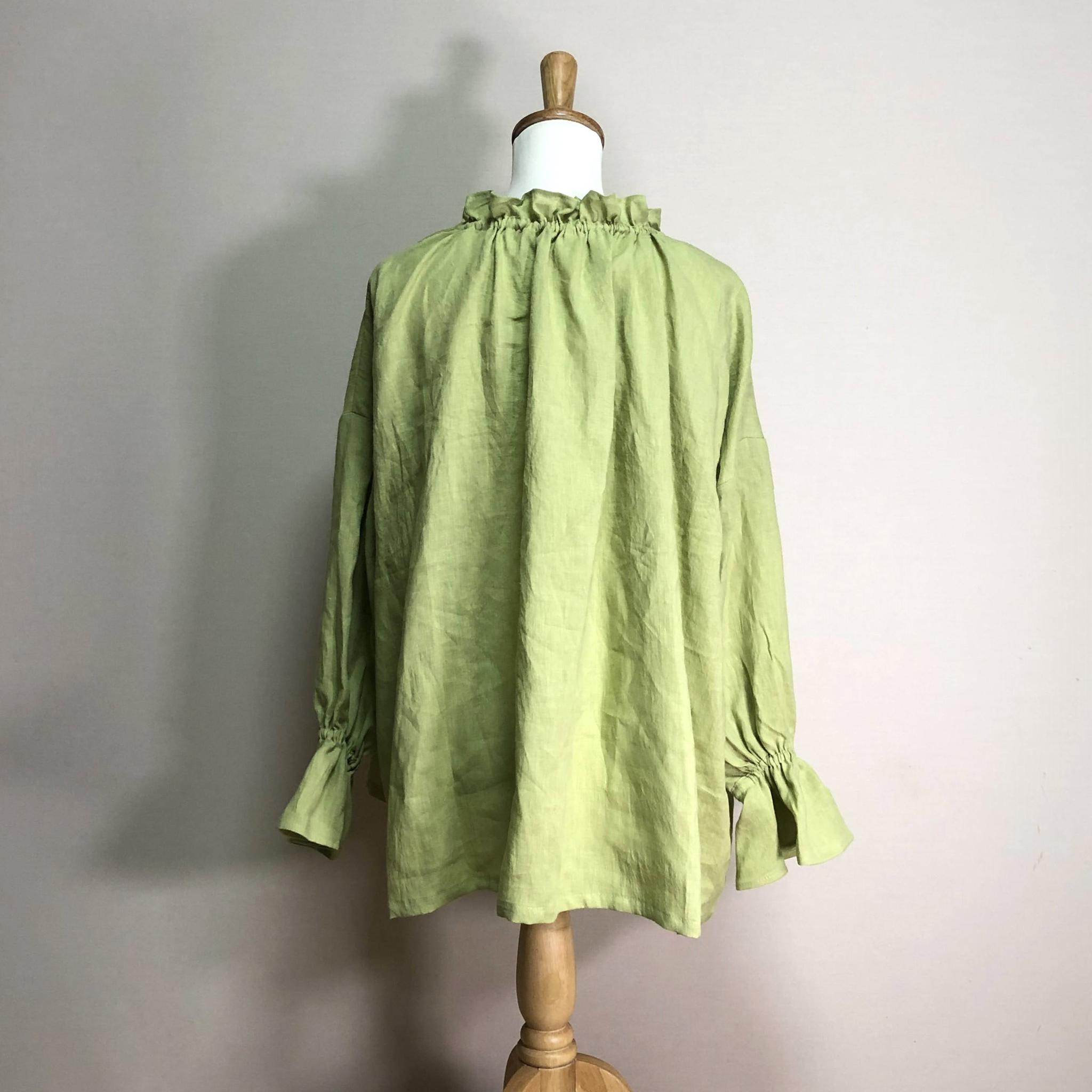 キーネックフリルブラウス【ナチュラルリネン ライト】◆ライム◆フリーサイズ(リネン100%) | 6枚目