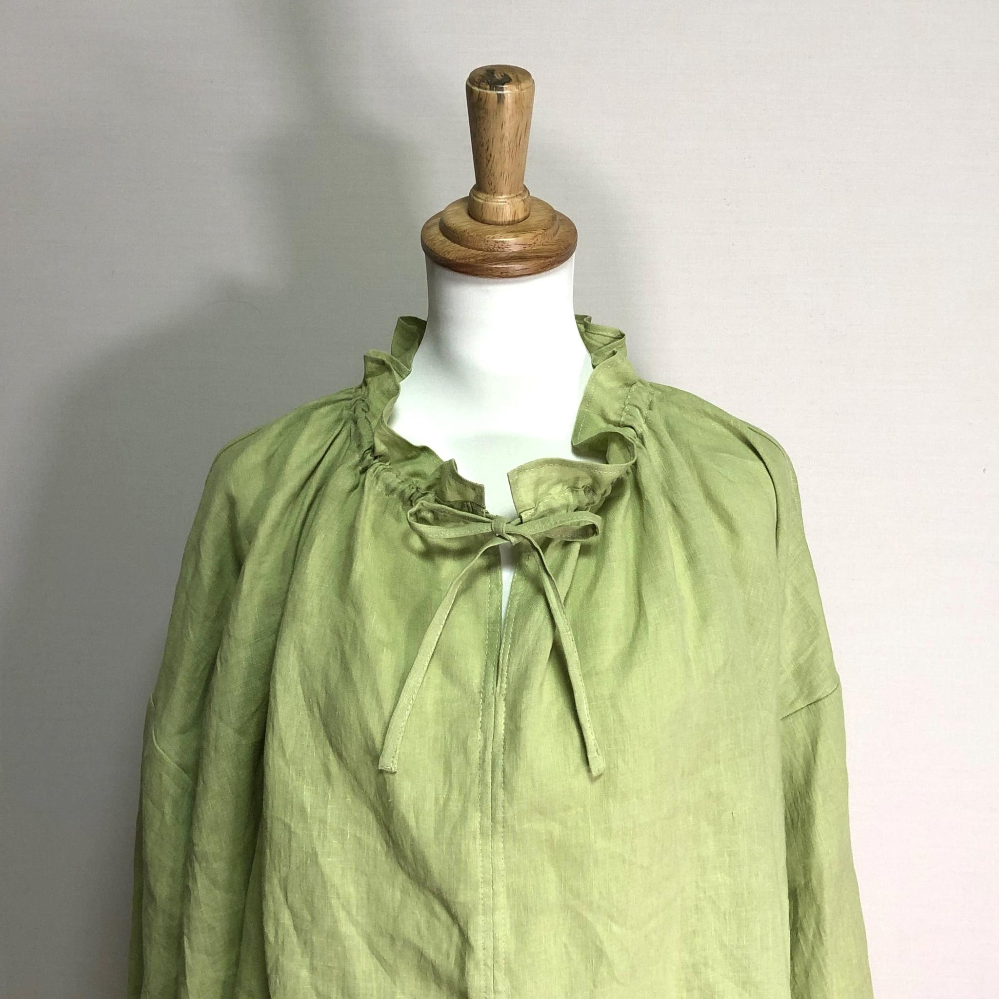 キーネックフリルブラウス【ナチュラルリネン ライト】◆ライム◆フリーサイズ(リネン100%) | 7枚目