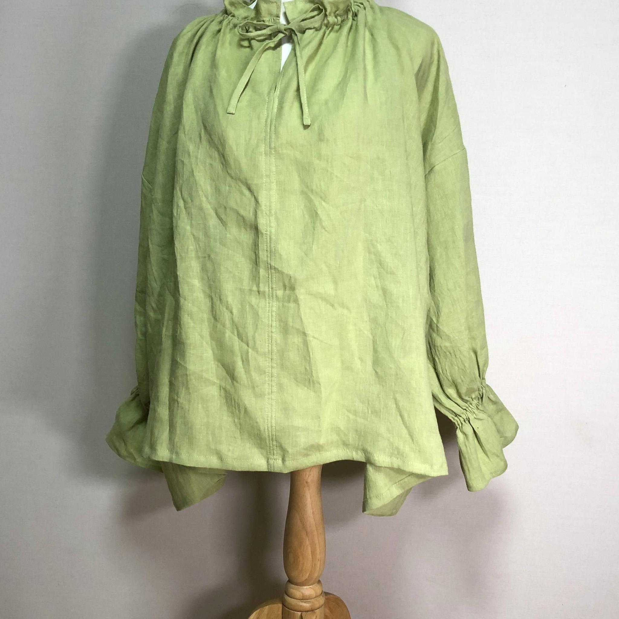 キーネックフリルブラウス【ナチュラルリネン ライト】◆ライム◆フリーサイズ(リネン100%) | 8枚目