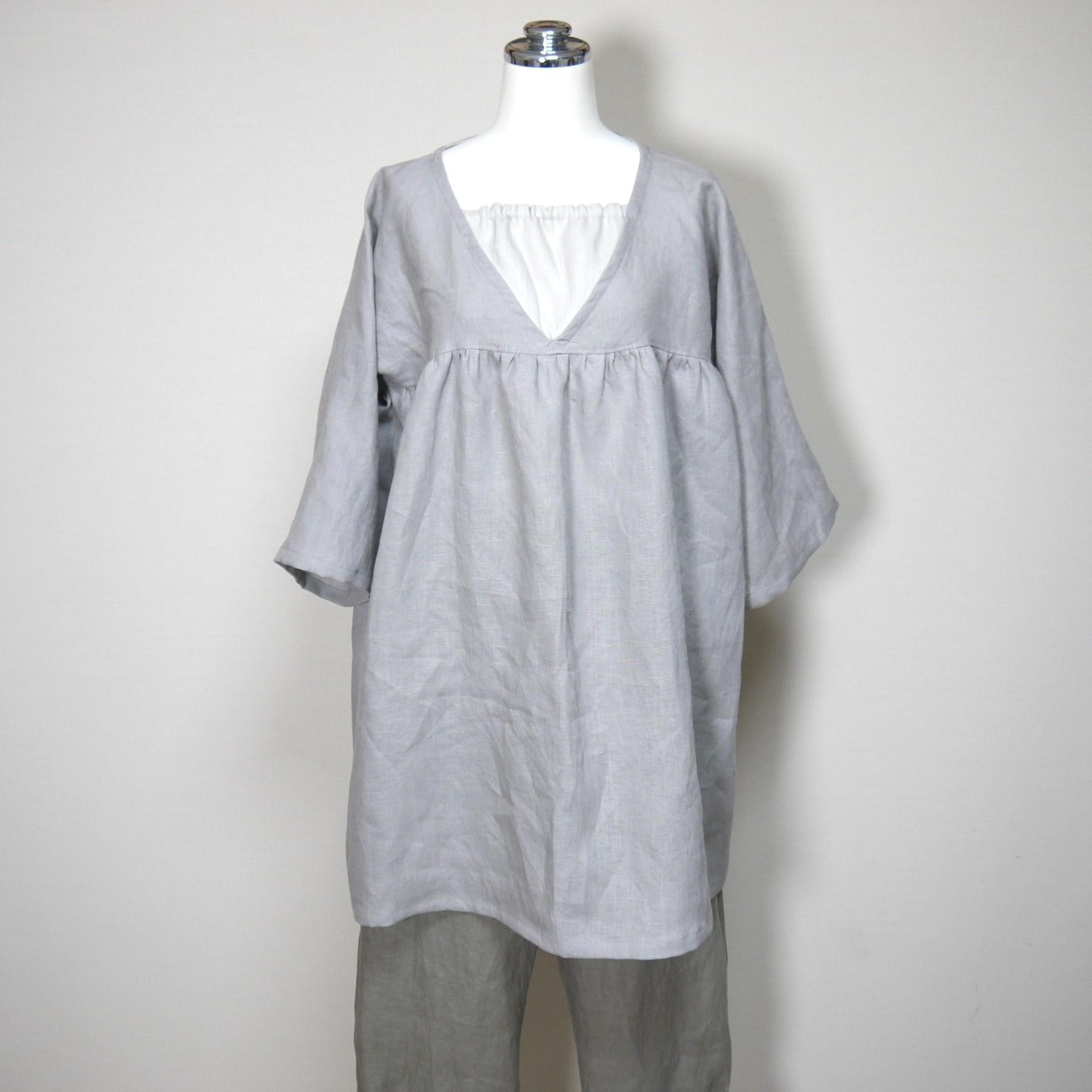 カラーリネン◆大人ガーリーチュニック◆グレージュ◆フリーサイズ(中厚、リネン100%) | 2枚目