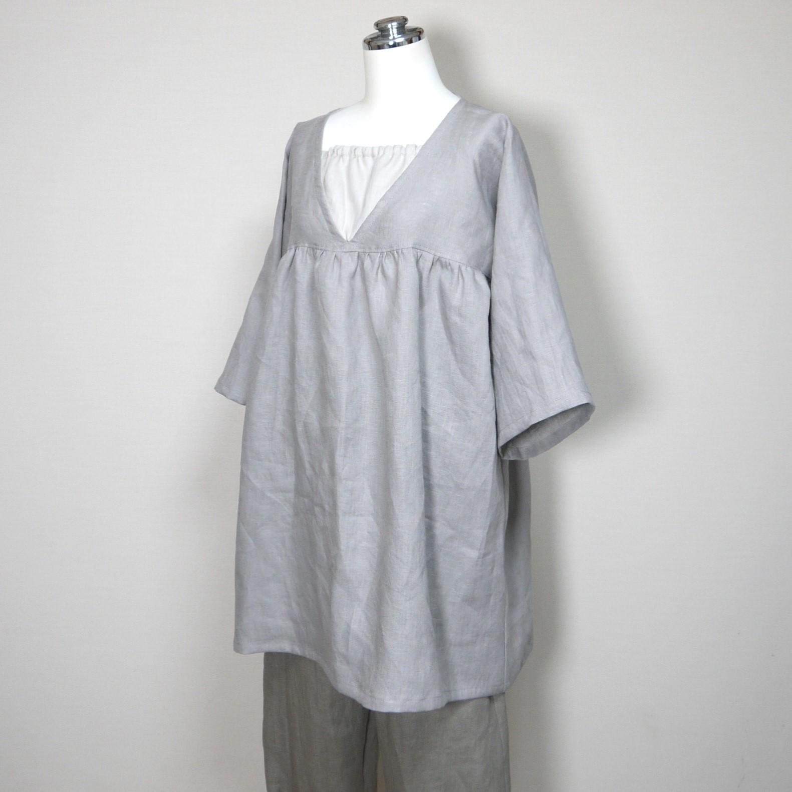 カラーリネン◆大人ガーリーチュニック◆グレージュ◆フリーサイズ(中厚、リネン100%) | 5枚目