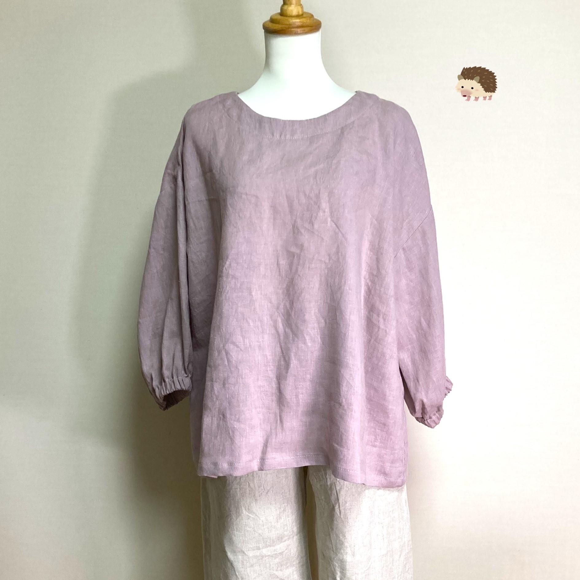 ランタンスリーブのシンプルブラウス 七分袖【ナチュラルリネン ライト】◆サクラ◆フリーサイズ(リネン100%)1枚目の画像