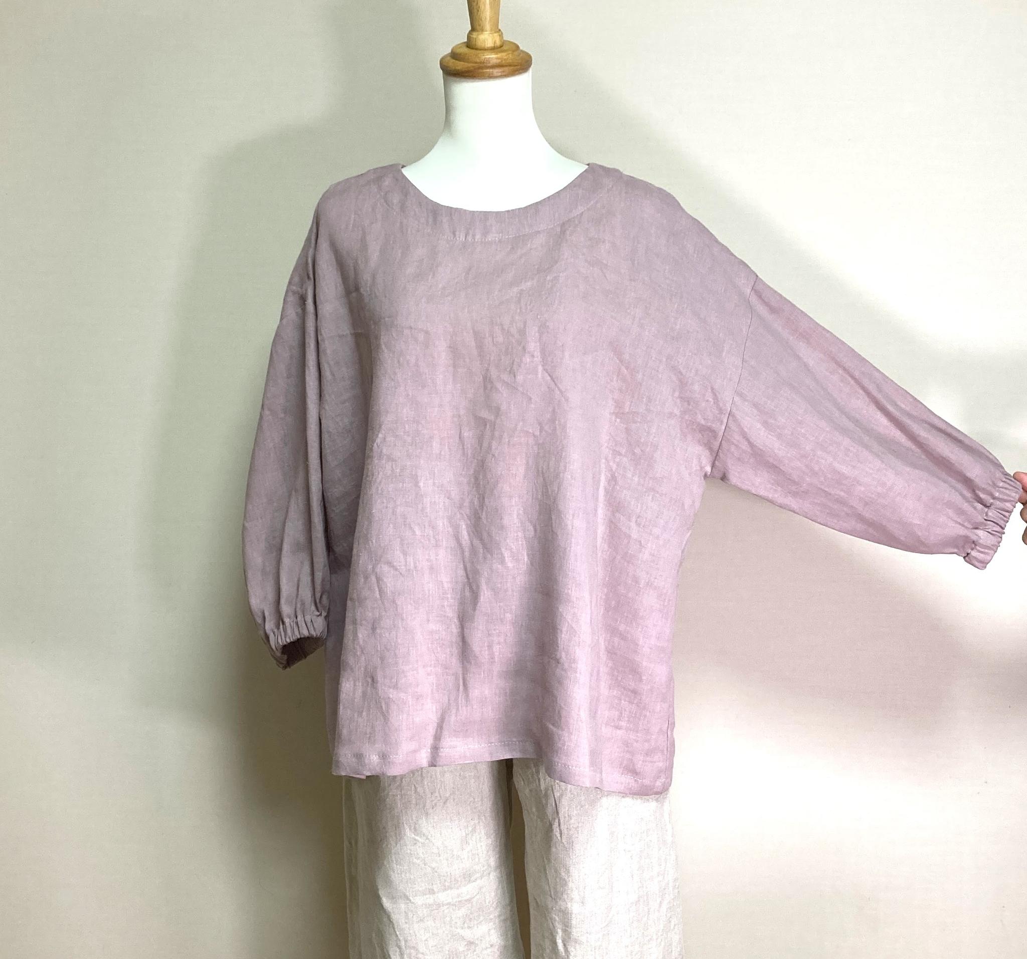 ランタンスリーブのシンプルブラウス 七分袖【ナチュラルリネン ライト】◆サクラ◆フリーサイズ(リネン100%) | 3枚目