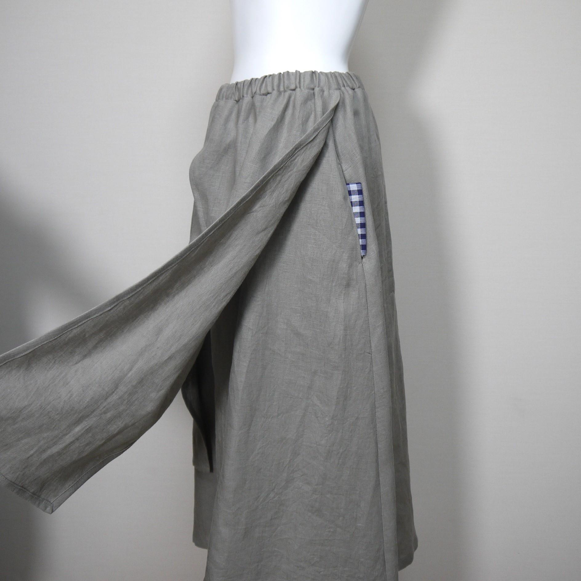 カラーリネン◆エプロンスカート◆オールドカーキ◆フリーサイズ(中厚、リネン100%) | 5枚目