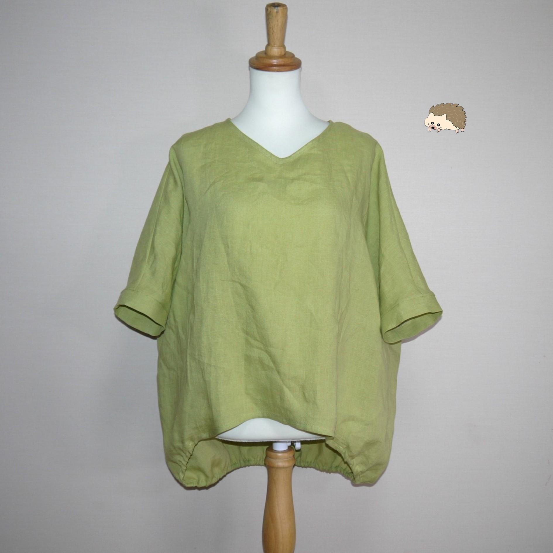 バルーンプルオーバー Vネック【ナチュラルリネン ライト】◆ライム◆フリーサイズ(リネン100%)1枚目の画像