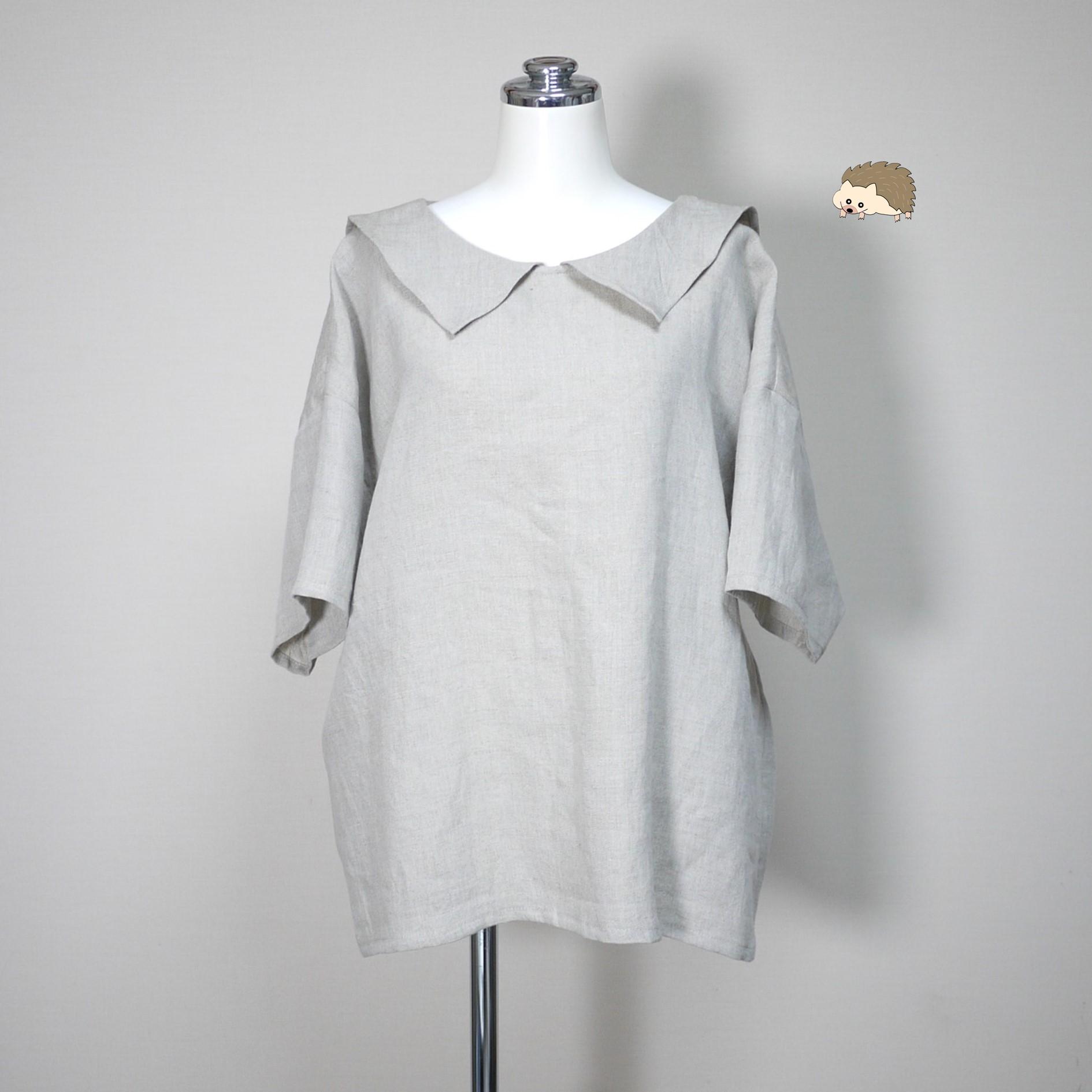 リネン◆ひらっとカラーのロングセーラーブラウス 半袖◆生成り◆フリーサイズ(中厚、リネン100%)1枚目の画像