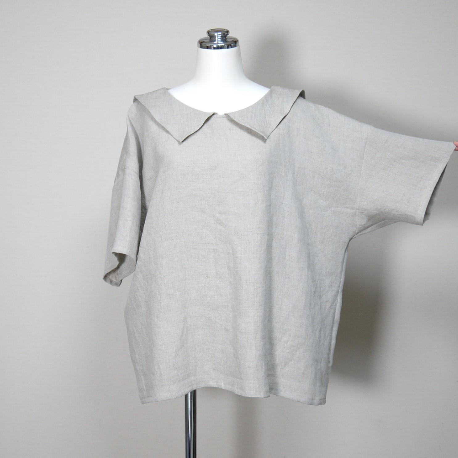 リネン◆ひらっとカラーのロングセーラーブラウス 半袖◆生成り◆フリーサイズ(中厚、リネン100%) | 2枚目