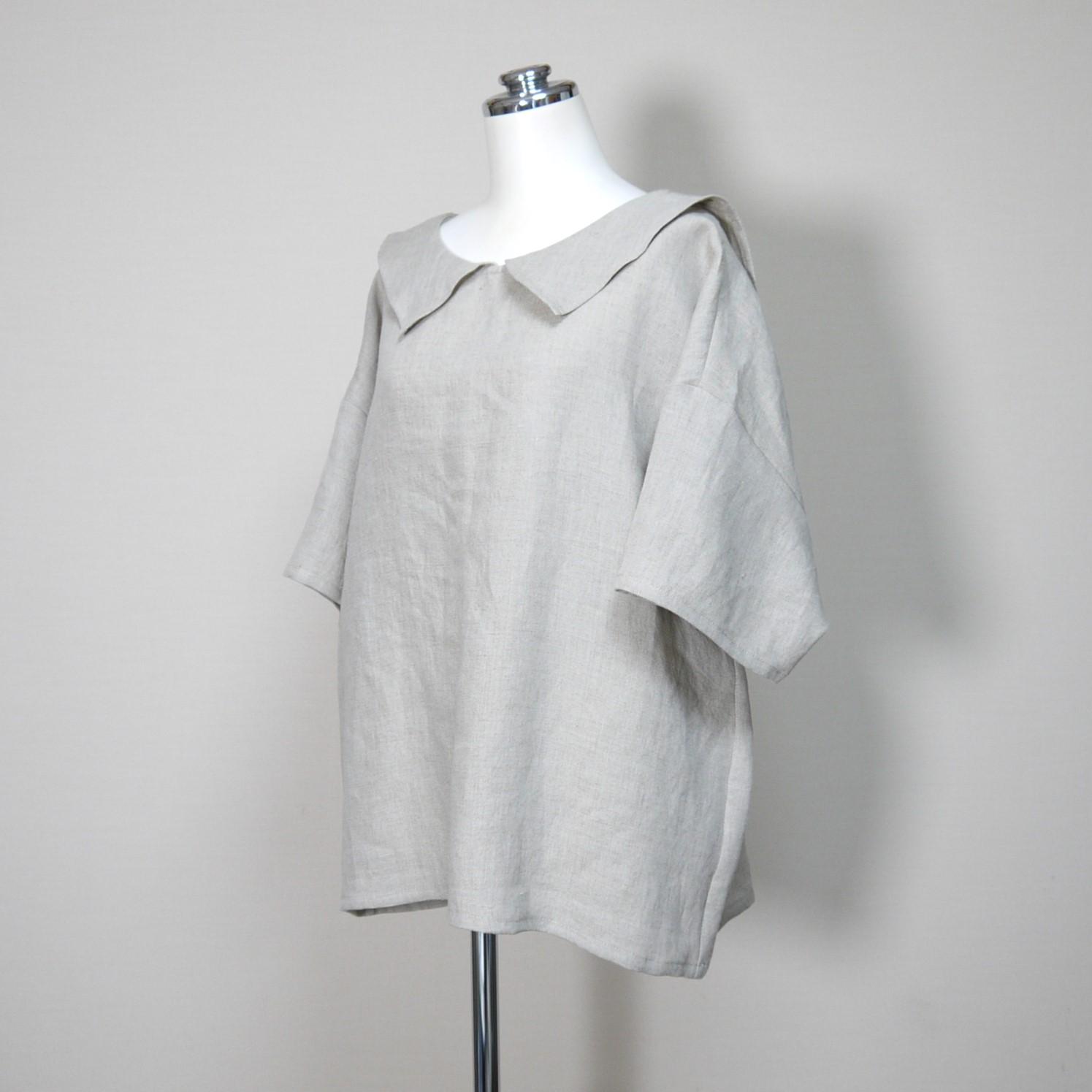 リネン◆ひらっとカラーのロングセーラーブラウス 半袖◆生成り◆フリーサイズ(中厚、リネン100%) | 5枚目