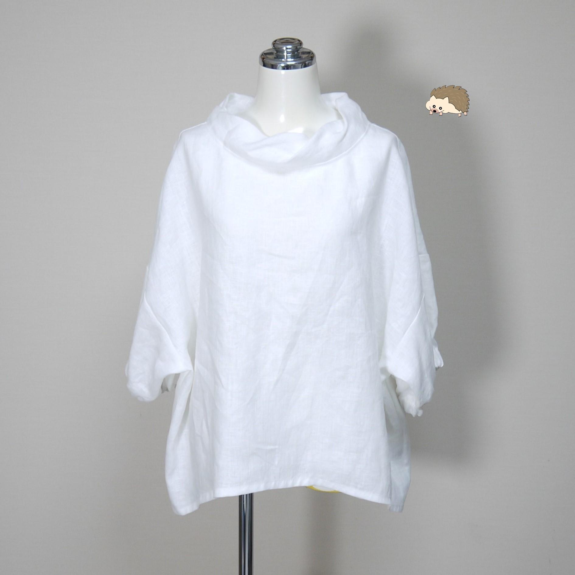 カラーリネン◆ツイストカラーのふんわりプル 五分袖◆オフホワイト◆フリーサイズ(中厚、リネン100%)1枚目の画像