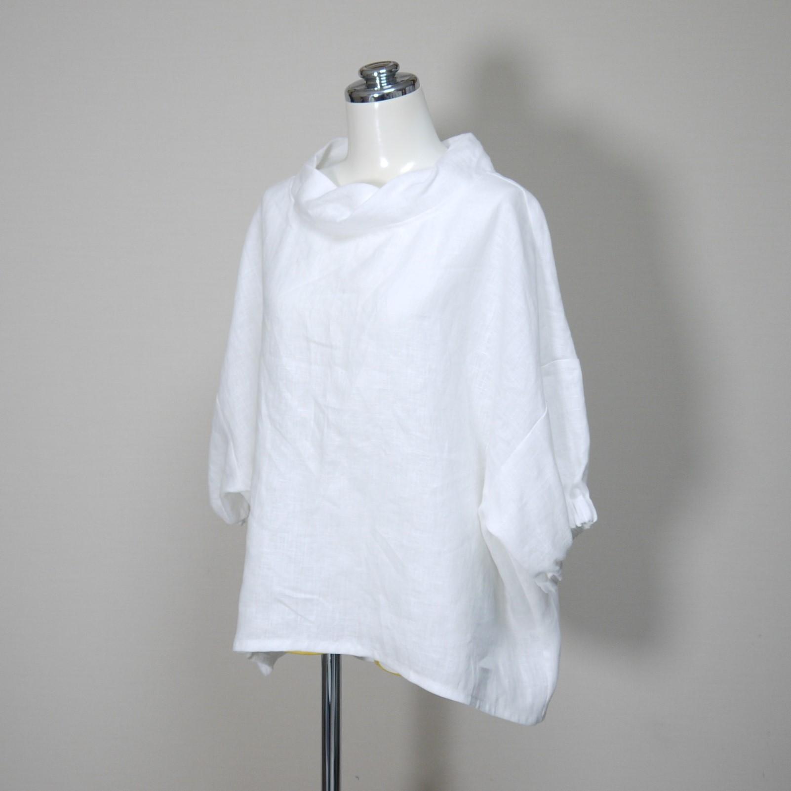 カラーリネン◆ツイストカラーのふんわりプル 五分袖◆オフホワイト◆フリーサイズ(中厚、リネン100%) | 4枚目