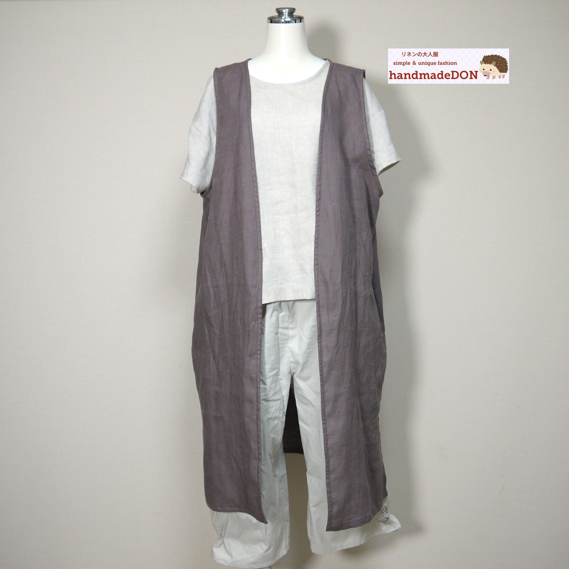 カラーリネン◆ロングジレ◆ブラウン◆フリーサイズ(中厚、リネン100%)~ジレ・ベスト~1枚目の画像