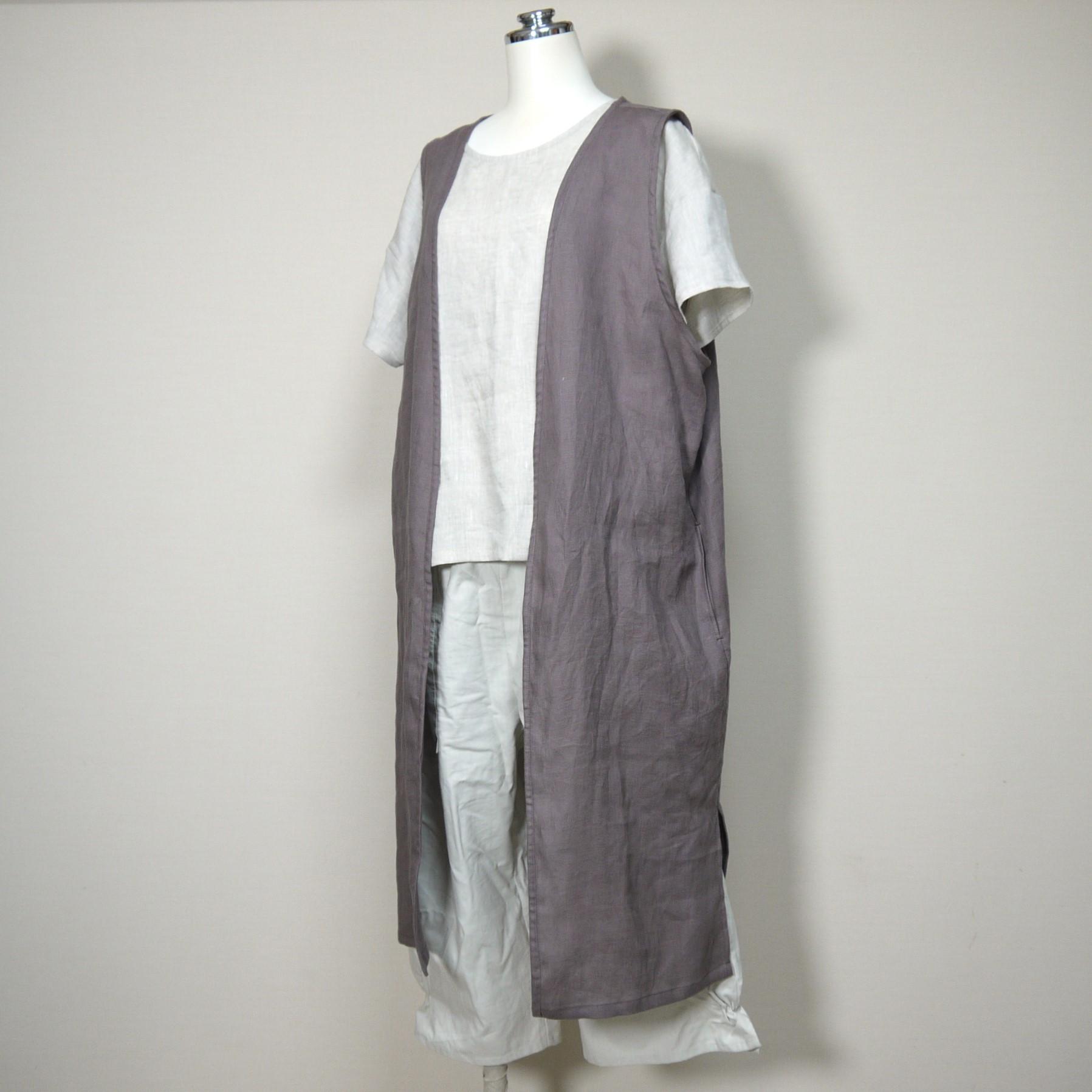 カラーリネン◆ロングジレ◆ブラウン◆フリーサイズ(中厚、リネン100%)~ジレ・ベスト~ | 2枚目