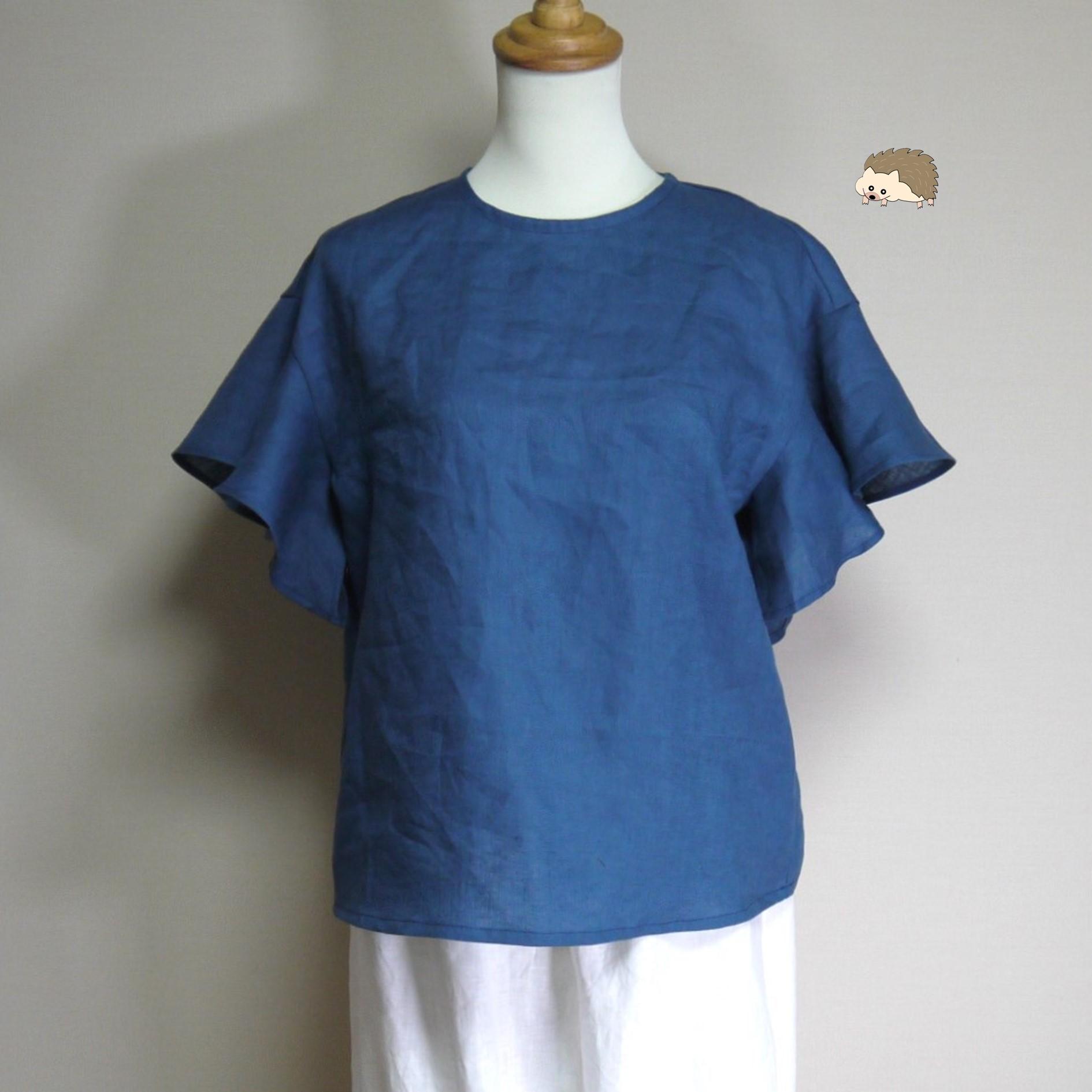 カラーリネン◆ラッフル袖ブラウス◆ブルー◆S・M・L・LL(中厚、リネン100%)1枚目の画像