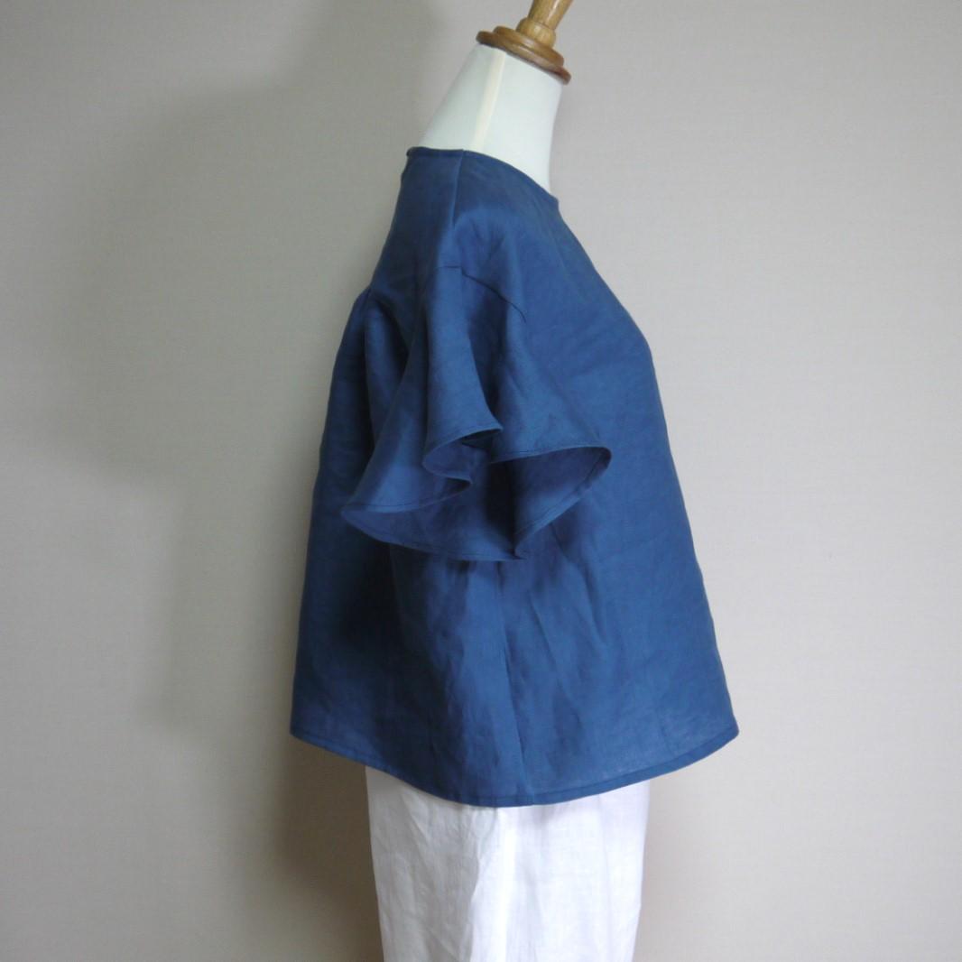 カラーリネン◆ラッフル袖ブラウス◆ブルー◆S・M・L・LL(中厚、リネン100%) | 3枚目