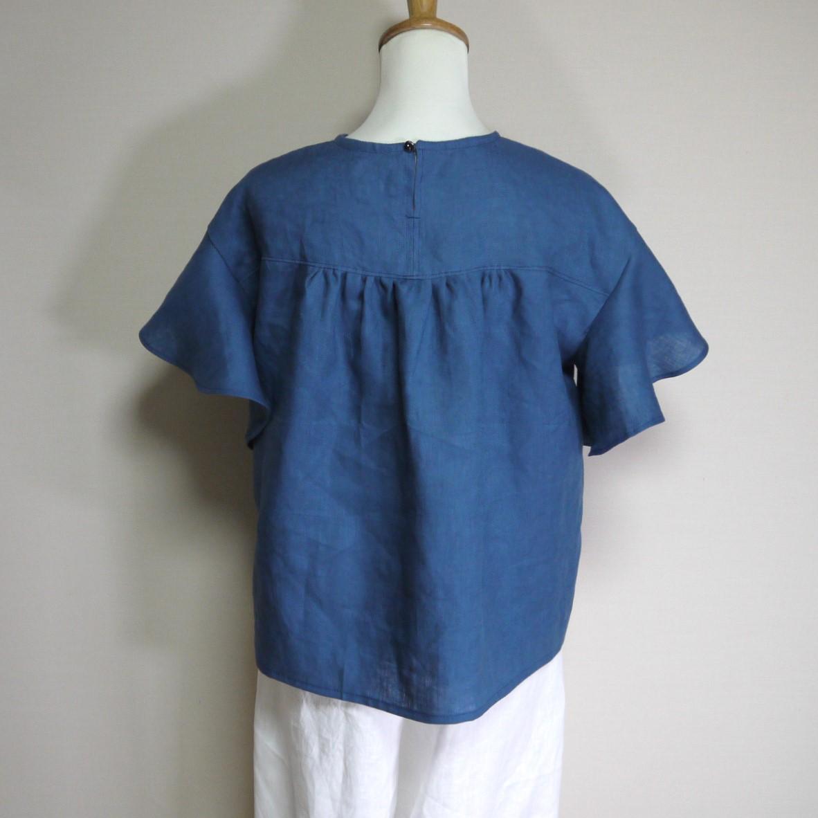 カラーリネン◆ラッフル袖ブラウス◆ブルー◆S・M・L・LL(中厚、リネン100%) | 6枚目