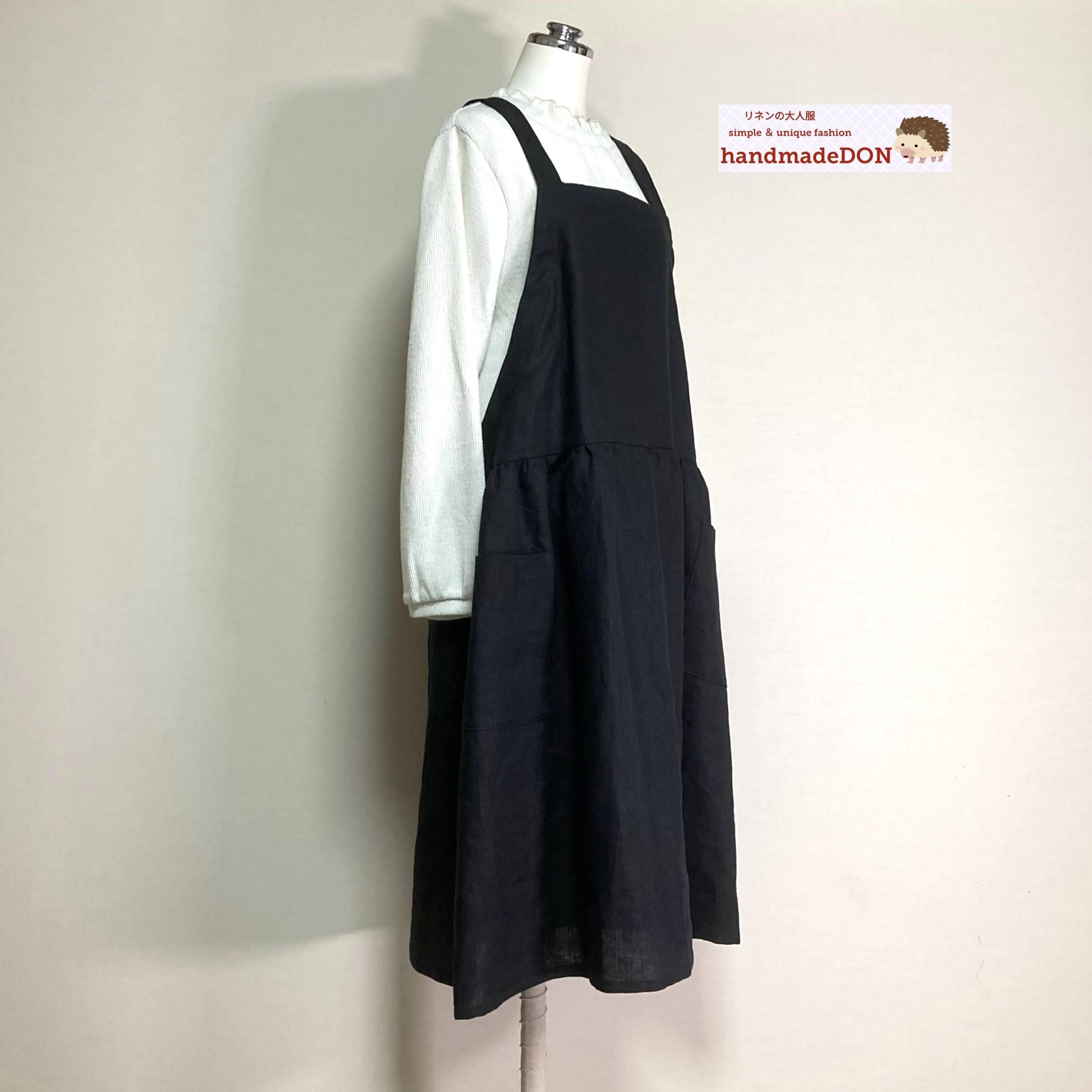 カラーリネン◆ギャザーエプロンワンピース◆黒◆フリーサイズ(中厚、リネン100%)1枚目の画像