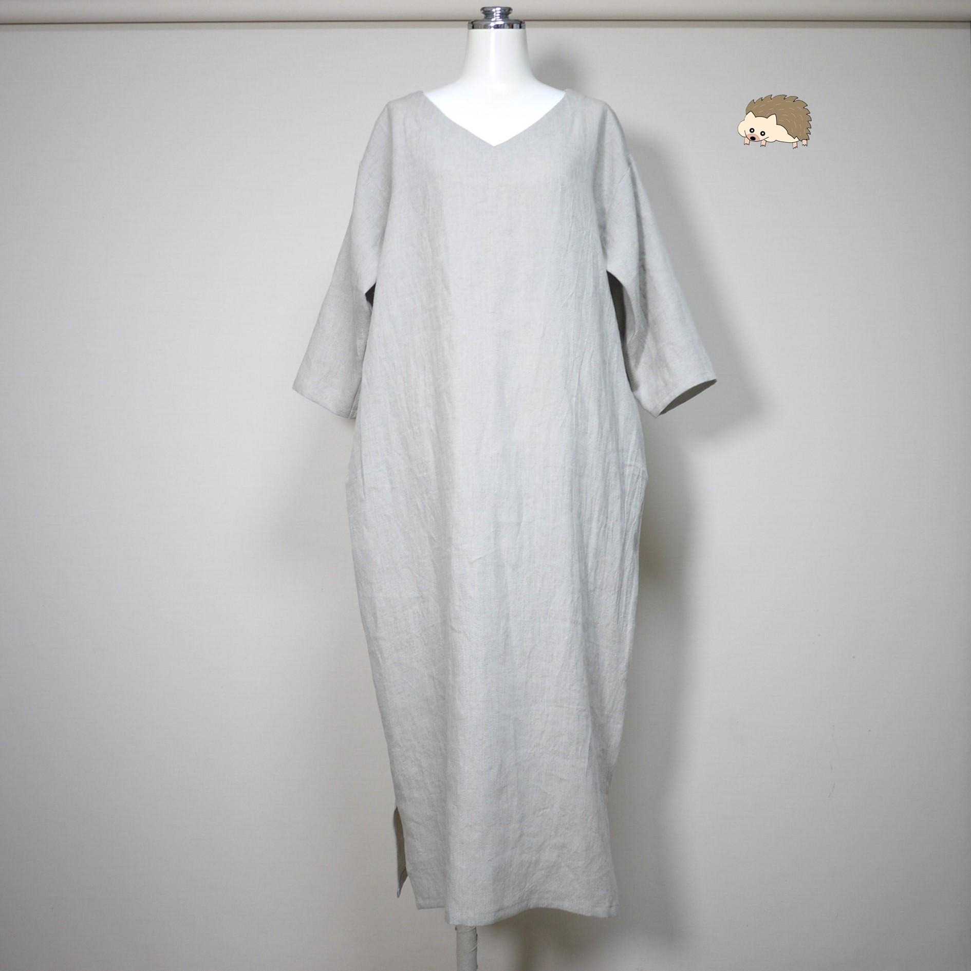 カラーリネン◆ストレートワンピース 七分袖◆生成り◆フリーサイズ(中厚、リネン100%)1枚目の画像