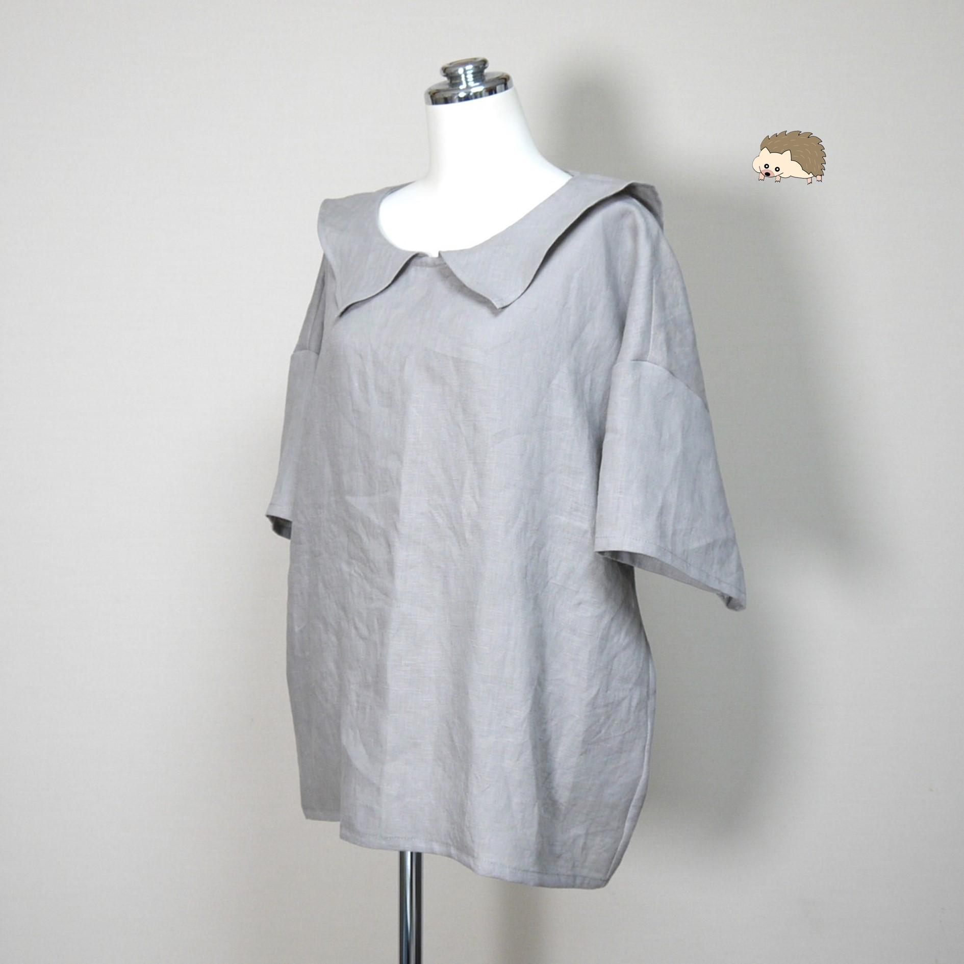リネン◆ひらっとカラーのロングセーラーブラウス 半袖◆グレージュ◆フリーサイズ(中厚、リネン100%)1枚目の画像