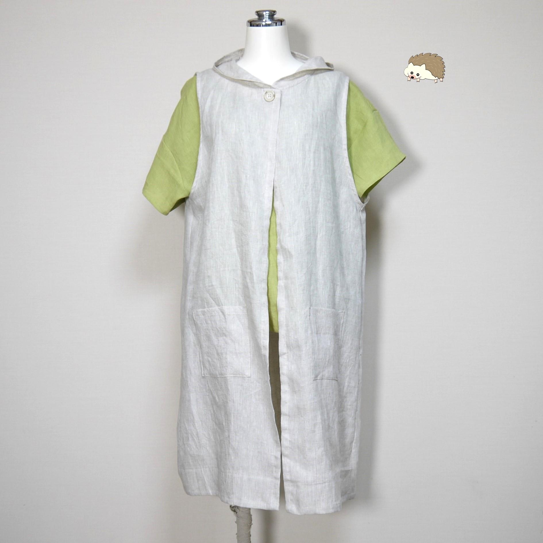 カラーリネン◆お飾りフードのロングジレ◆生成り◆フリーサイズ(中厚、リネン100%)~ジレ・ベスト1枚目の画像