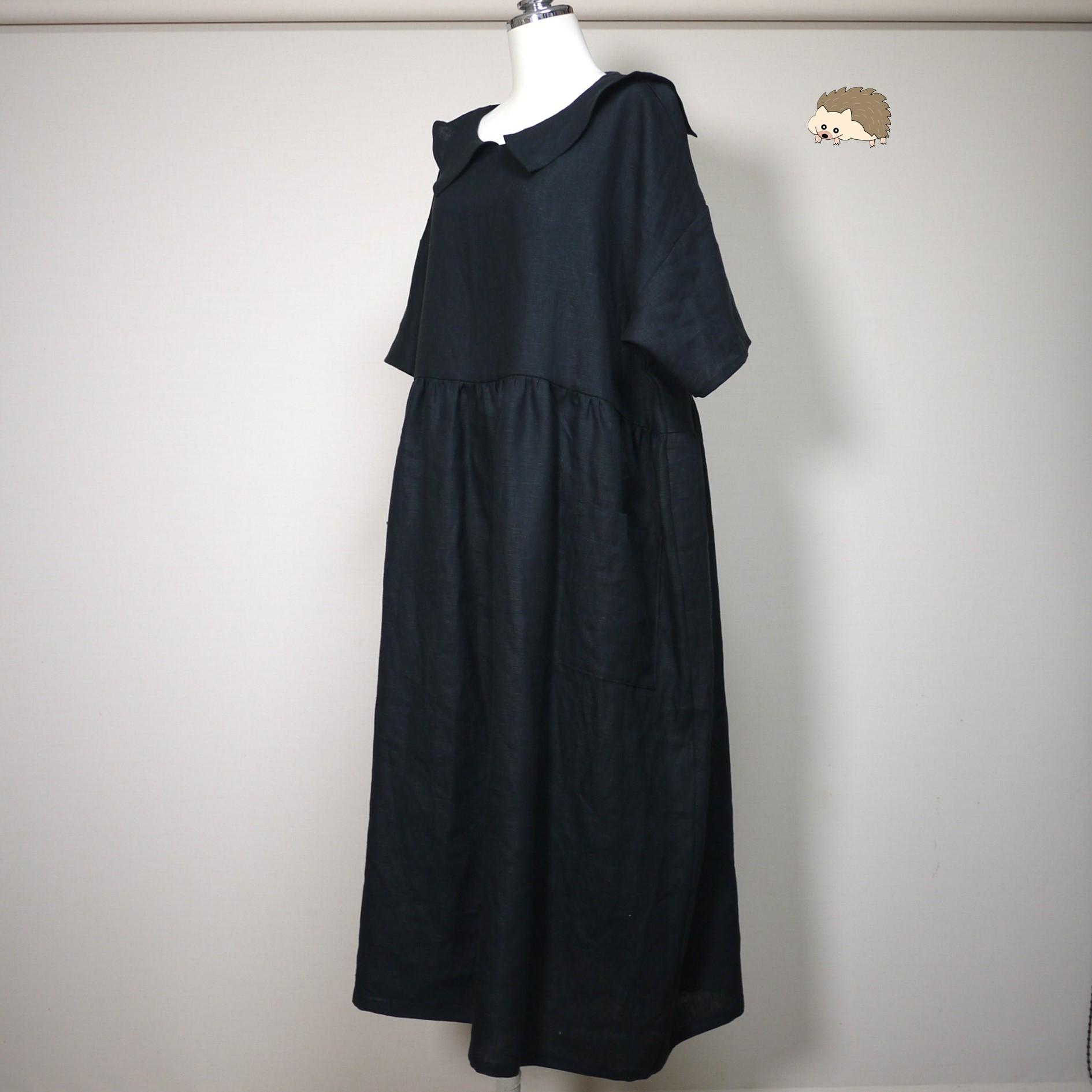 カラーリネン◆ひらっとカラーのギャザーワンピース 半袖◆黒◆フリーサイズ(中厚、リネン100%)1枚目の画像