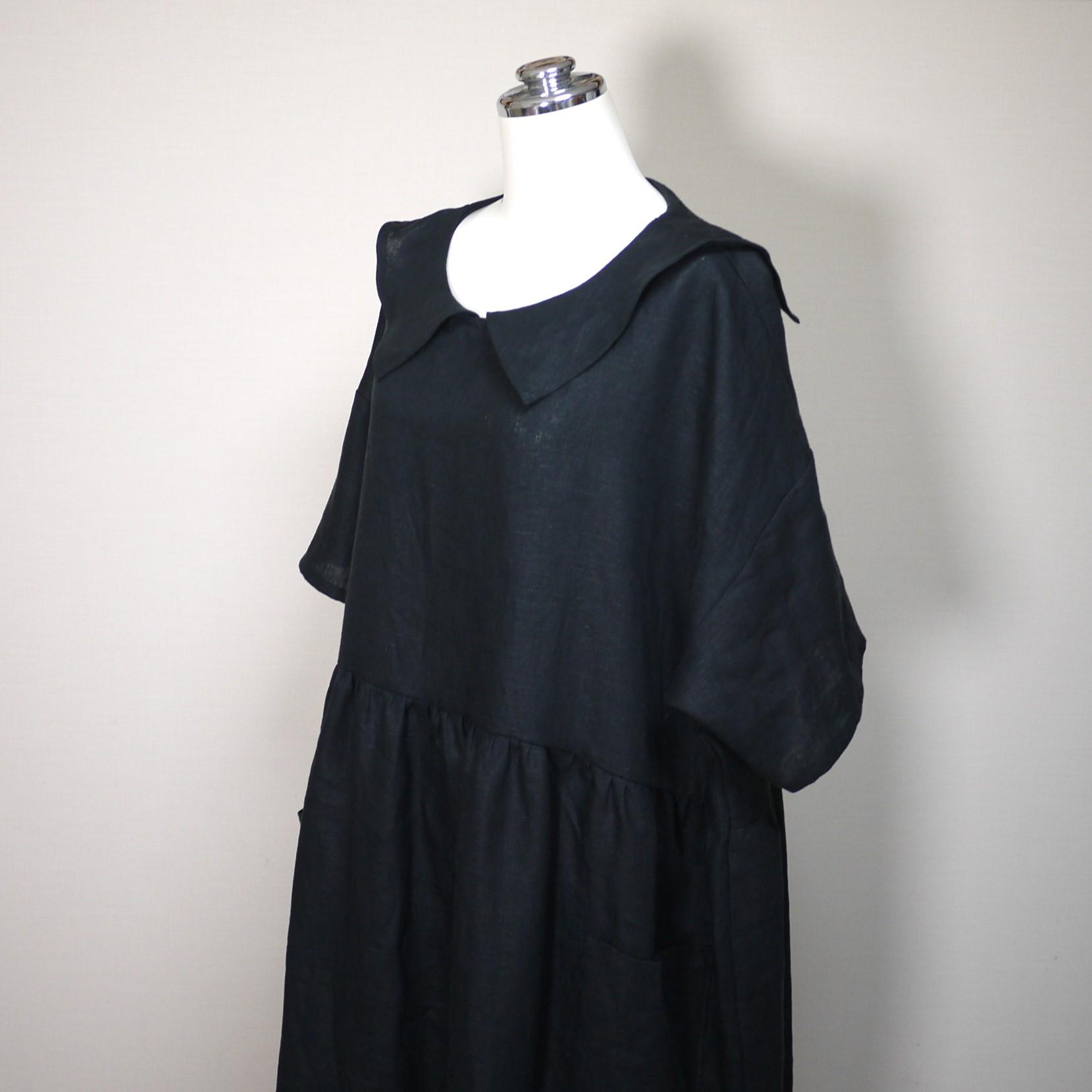 カラーリネン◆ひらっとカラーのギャザーワンピース 半袖◆黒◆フリーサイズ(中厚、リネン100%) | 3枚目