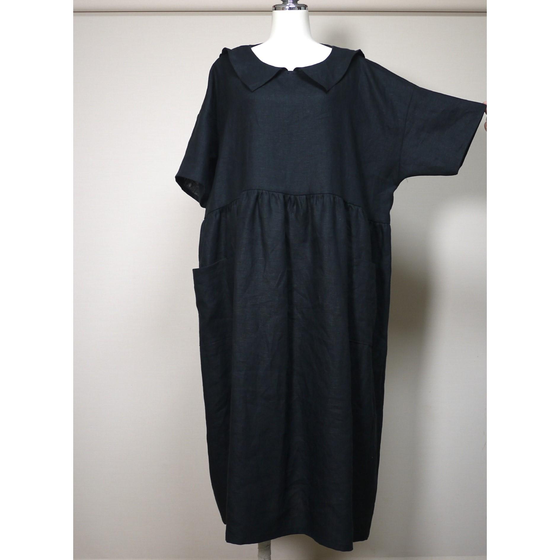 カラーリネン◆ひらっとカラーのギャザーワンピース 半袖◆黒◆フリーサイズ(中厚、リネン100%) | 5枚目