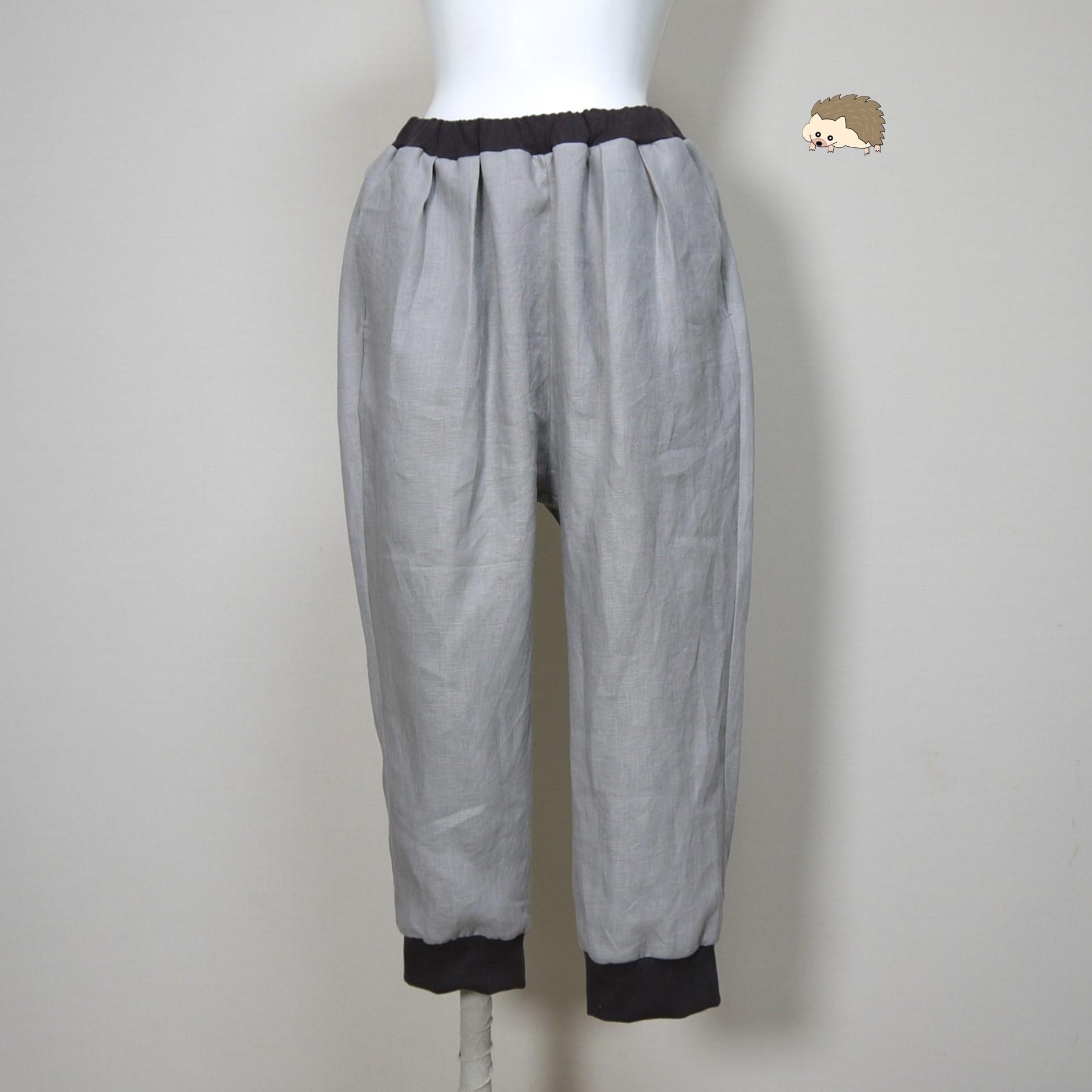 クロップドパンツ◆グレージュ(リブ:ブラウン)◆フリーサイズ◆カラーリネン(中厚、リネン100%)1枚目の画像