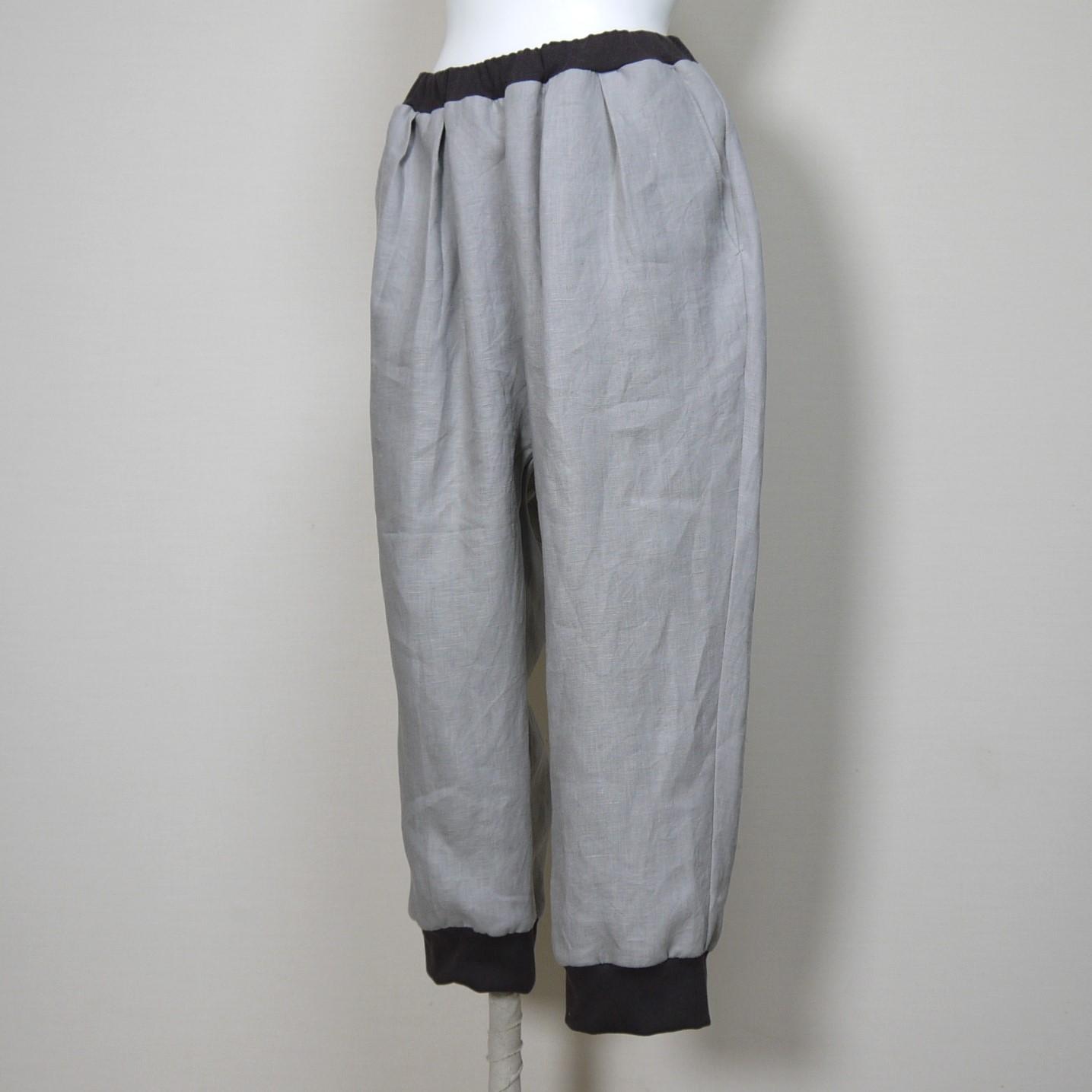 クロップドパンツ◆グレージュ(リブ:ブラウン)◆フリーサイズ◆カラーリネン(中厚、リネン100%) | 2枚目