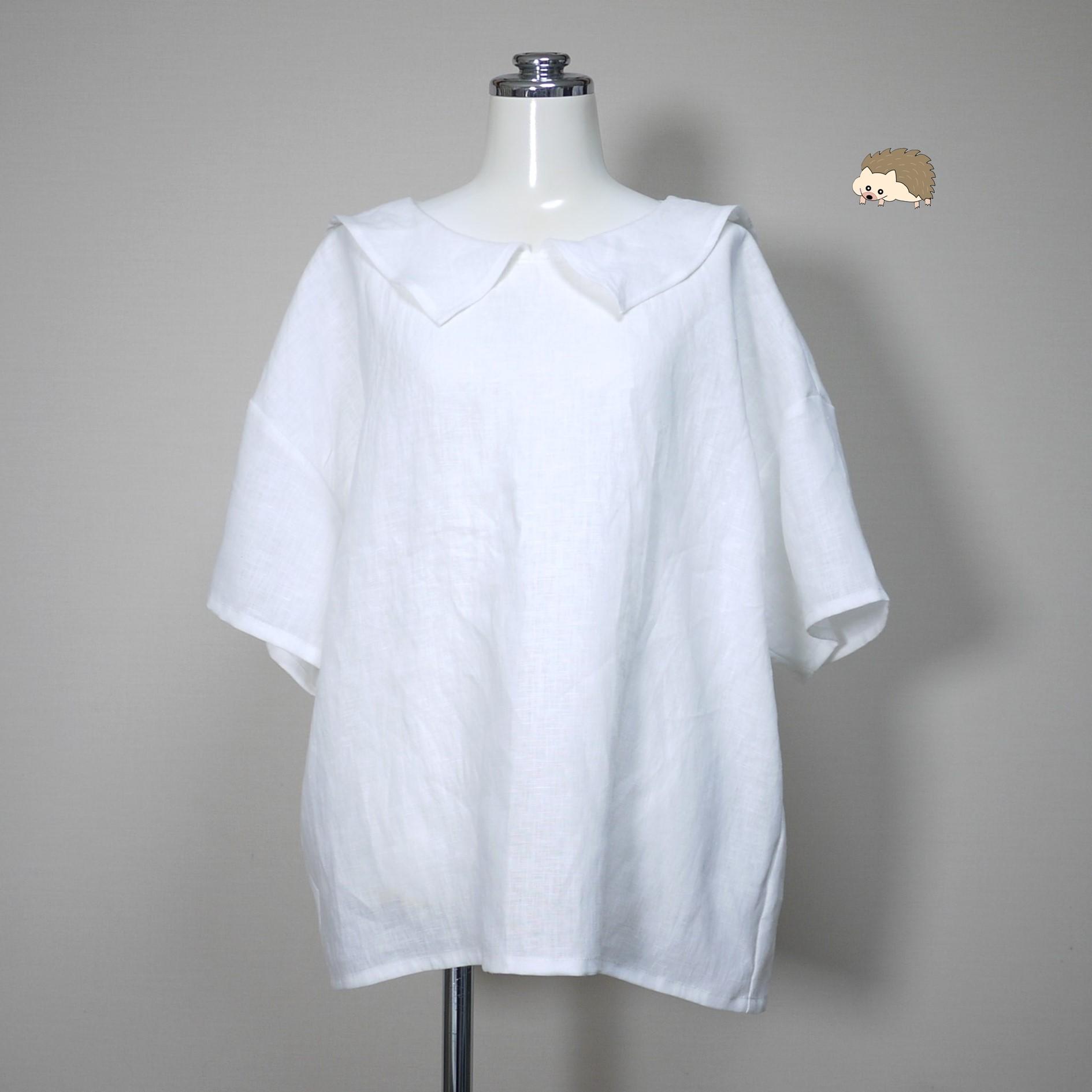 リネン◆ひらっとカラーのロングセーラーブラウス 半袖◆オフホワイト◆フリーサイズ(中厚、リネン100%)1枚目の画像