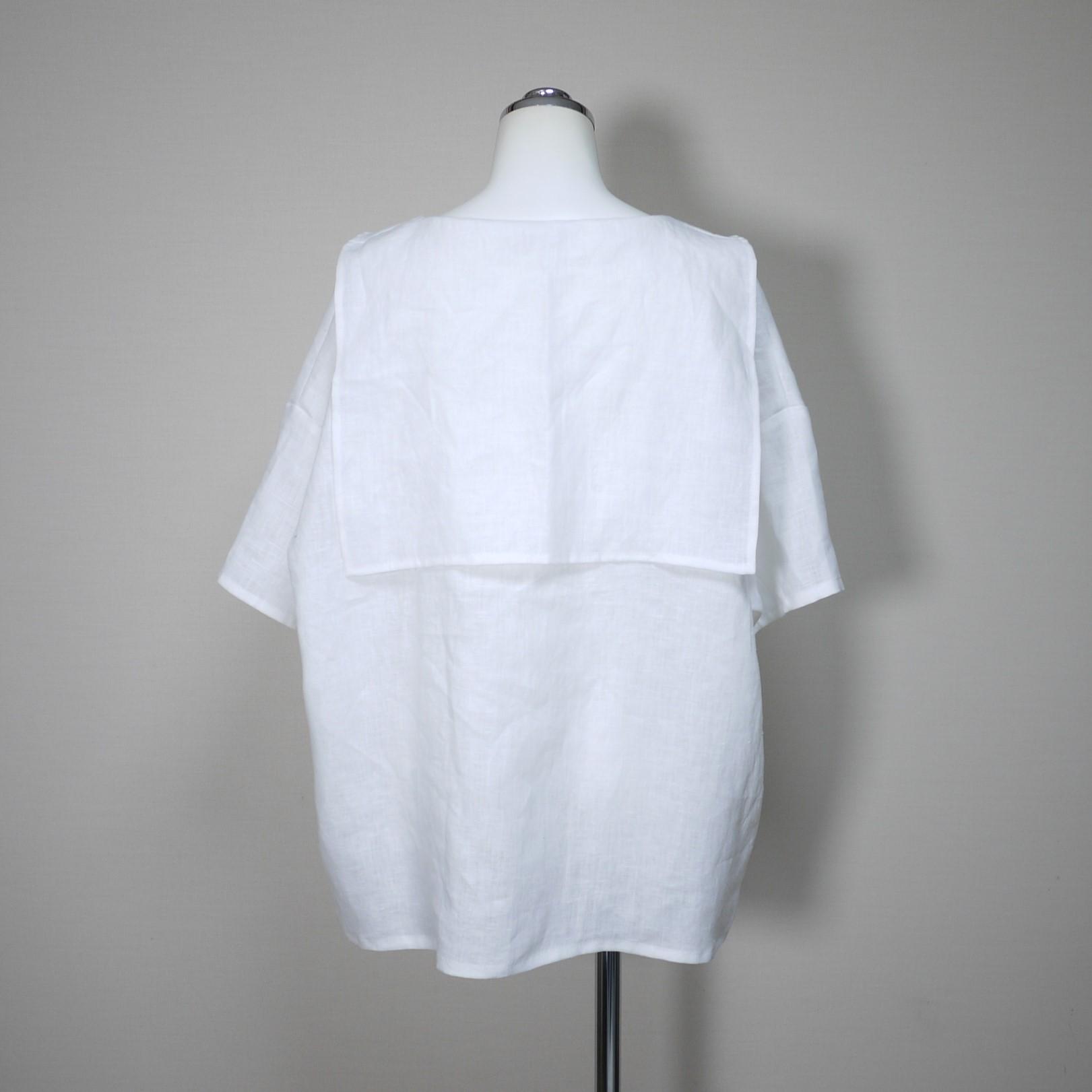 リネン◆ひらっとカラーのロングセーラーブラウス 半袖◆オフホワイト◆フリーサイズ(中厚、リネン100%) | 7枚目