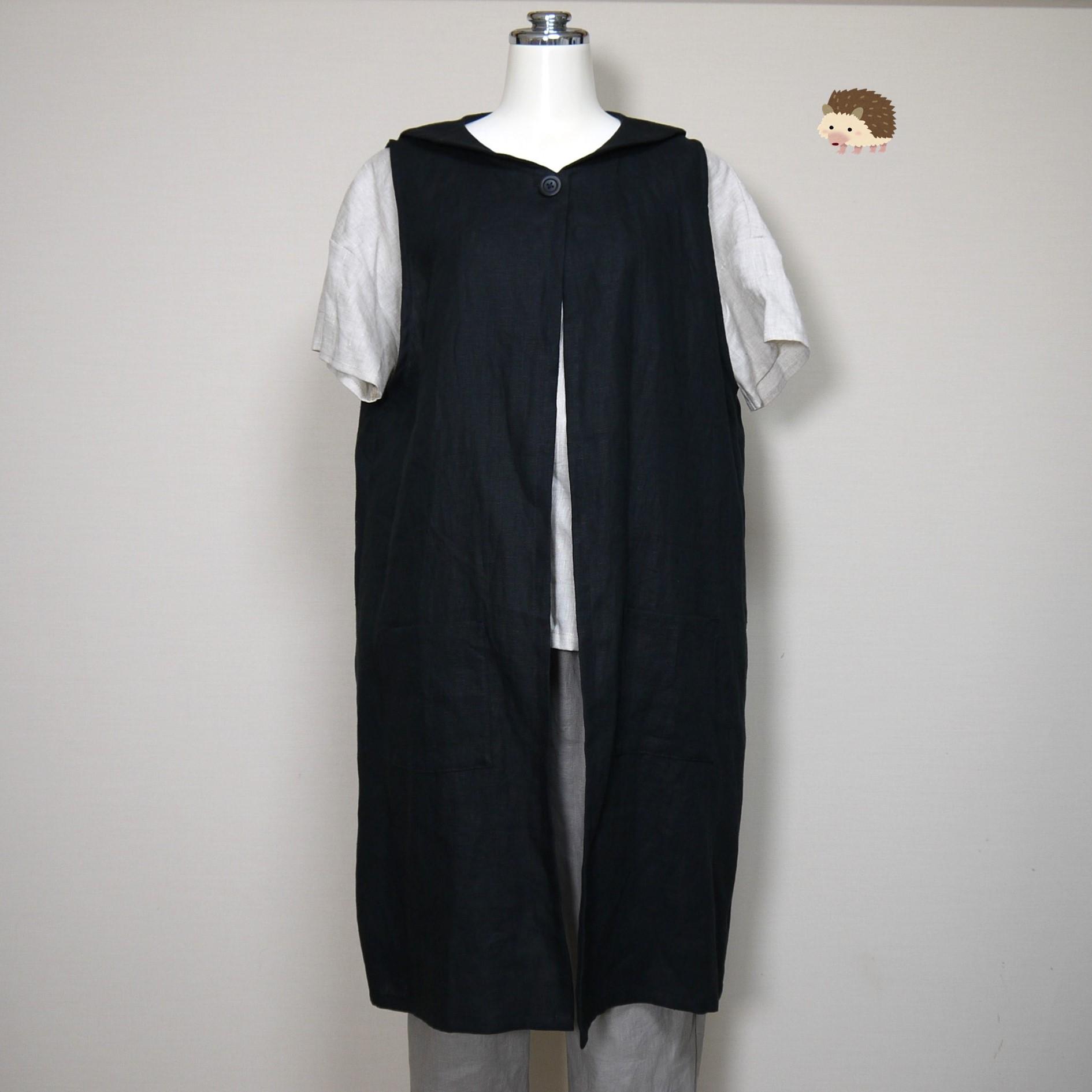 リネン◆プチセーラーのロングジレ◆黒◆フリーサイズ(中厚、リネン100%)~ジレ・ベスト~1枚目の画像