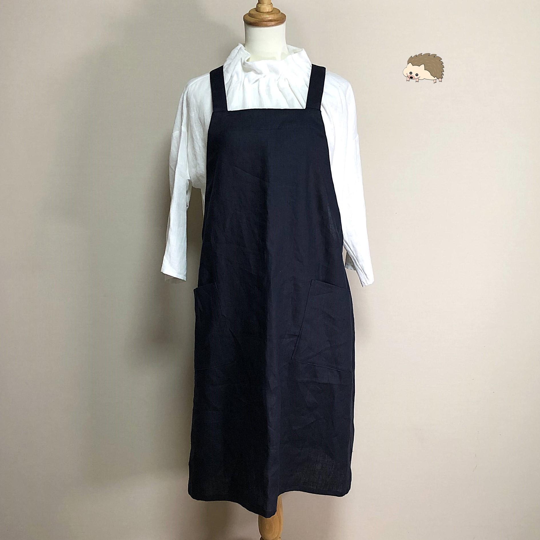カラーリネン◆クロスエプロンワンピ◆ネイビー◆S~M、Ⅼ~LL(中厚、リネン100%)1枚目の画像