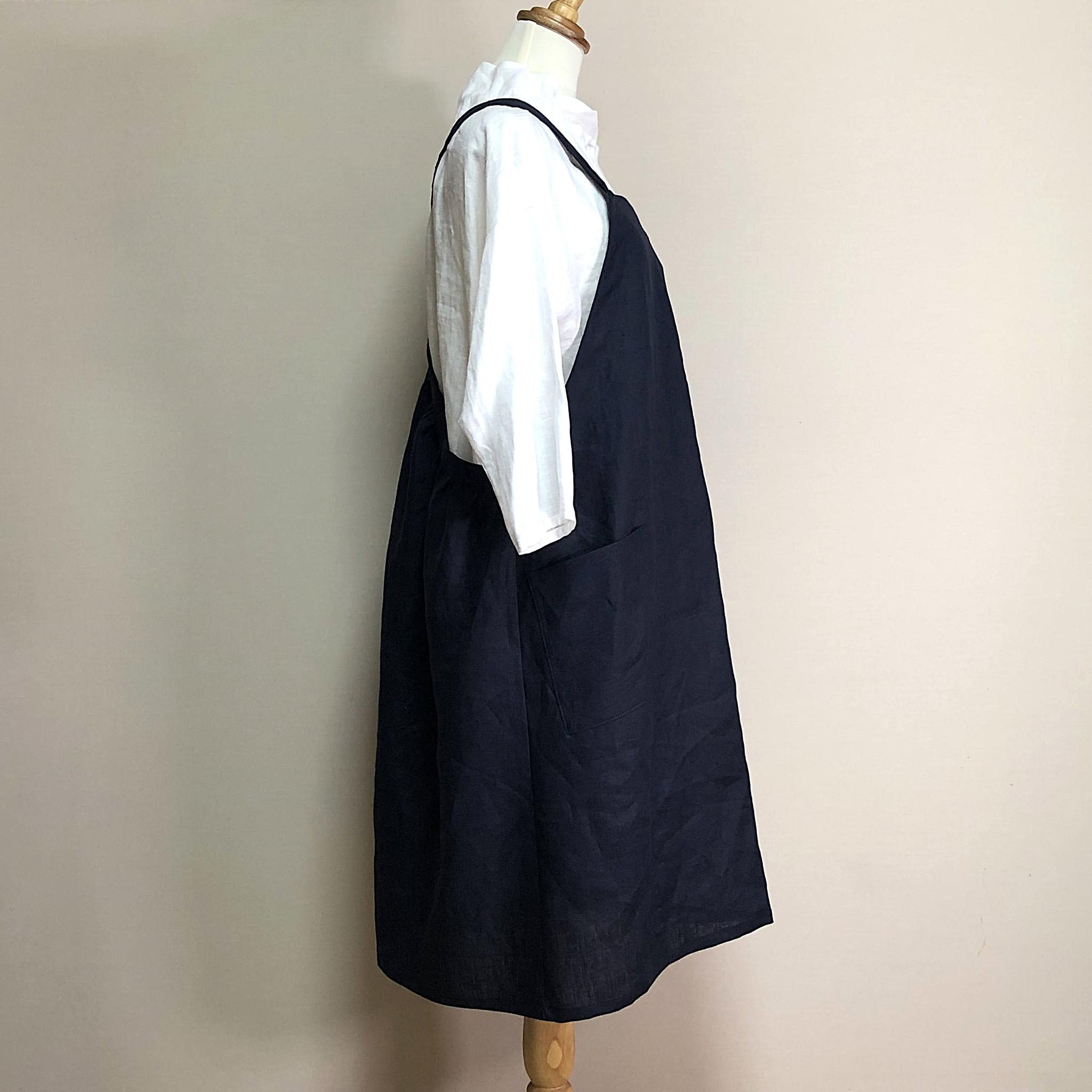 カラーリネン◆クロスエプロンワンピ◆ネイビー◆S~M、Ⅼ~LL(中厚、リネン100%) | 3枚目