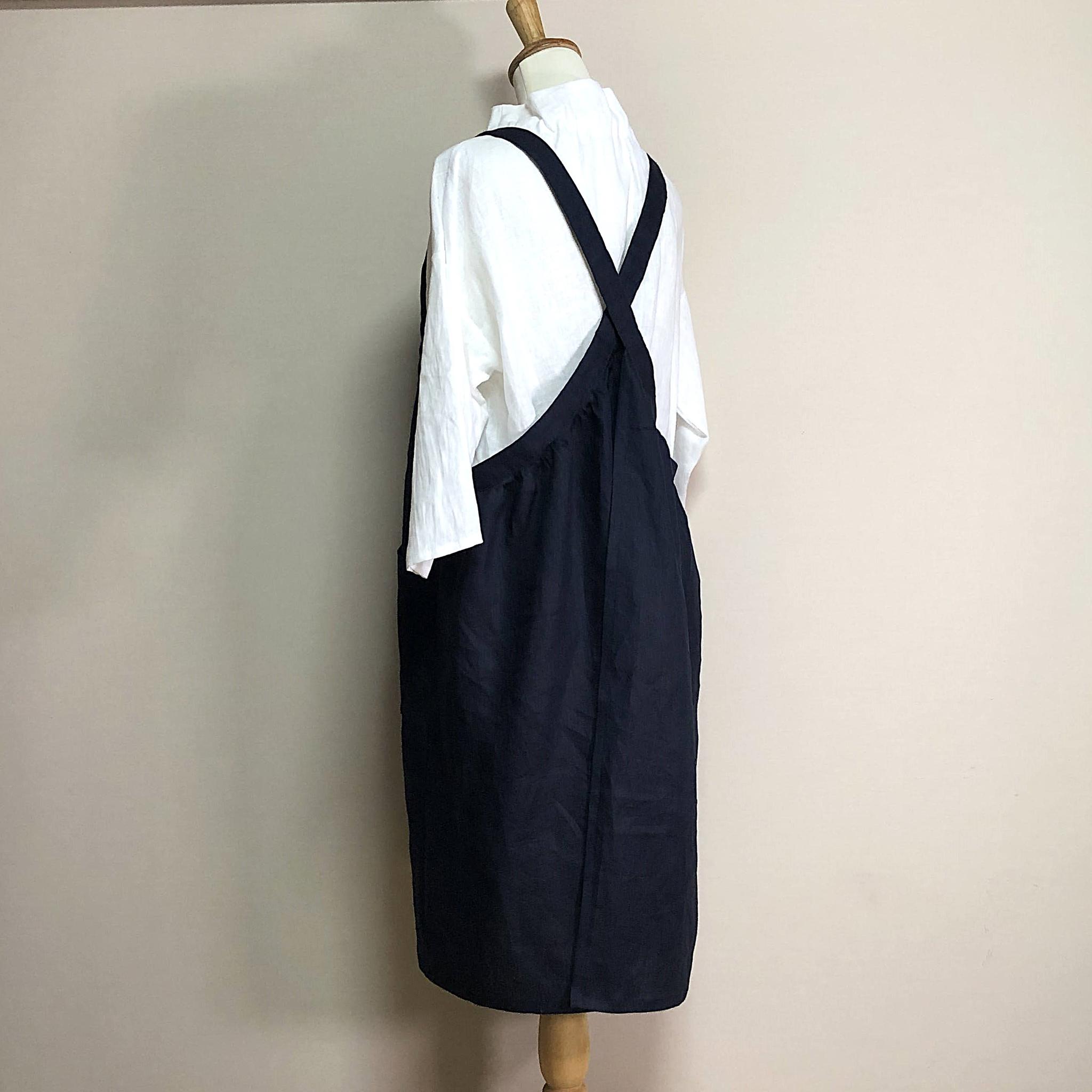 カラーリネン◆クロスエプロンワンピ◆ネイビー◆S~M、Ⅼ~LL(中厚、リネン100%) | 5枚目