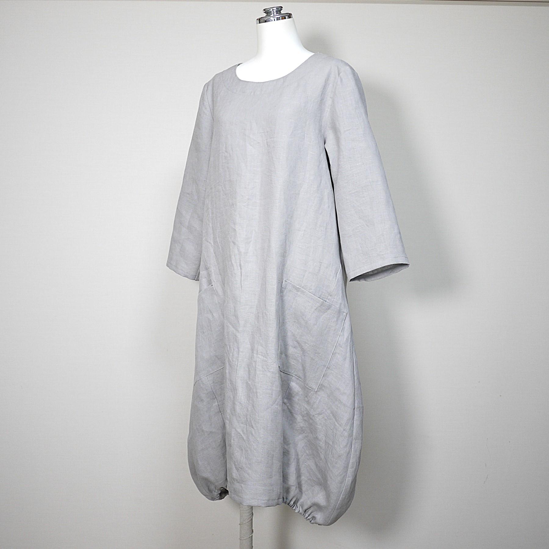 リネン◆バルーンワンピ 七分袖◆グレージュ◆S・M・L・LL(中厚、リネン100%)1枚目の画像
