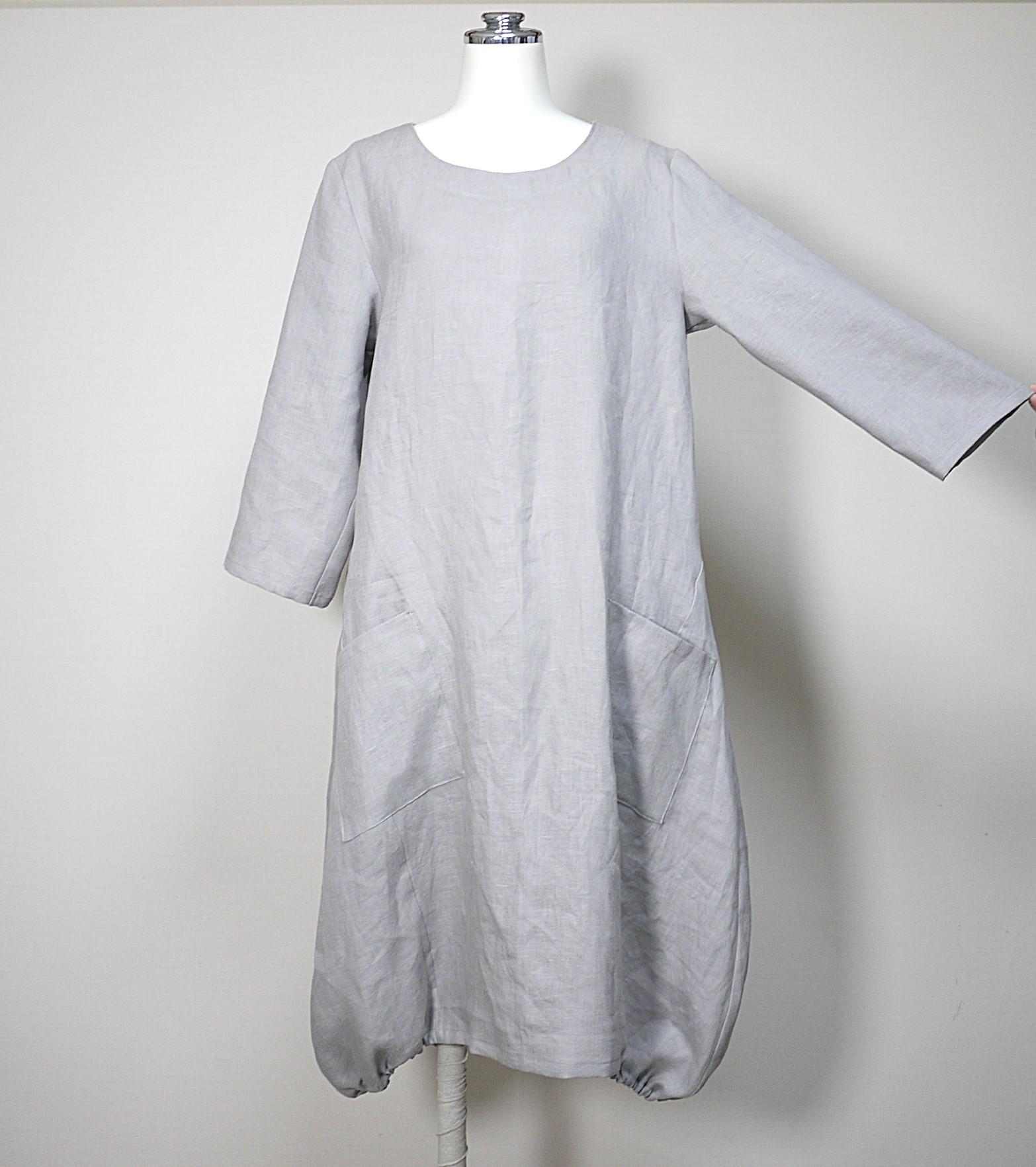リネン◆バルーンワンピ 七分袖◆グレージュ◆S・M・L・LL(中厚、リネン100%) | 3枚目