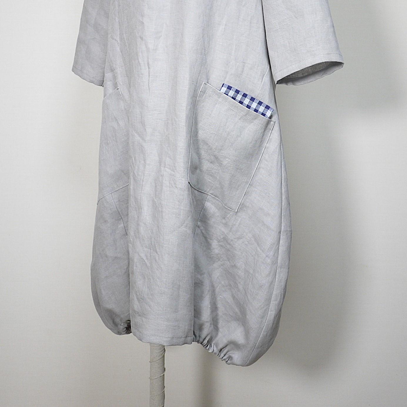 リネン◆バルーンワンピ 七分袖◆グレージュ◆S・M・L・LL(中厚、リネン100%) | 5枚目