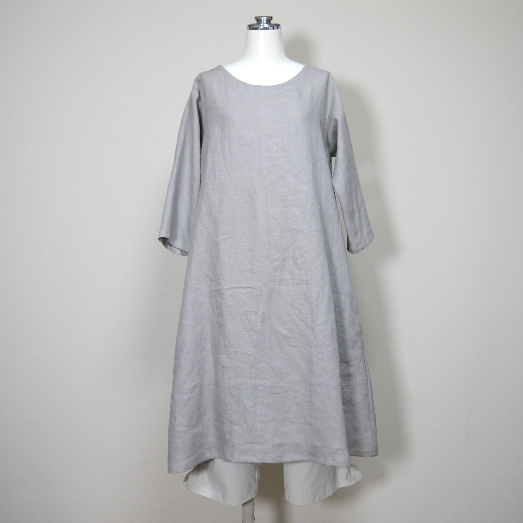 リネン◆魔女ワンピ★丸衿仕様★七分袖◆グレージュ◆フリーサイズ(中厚リネン100%)★ワンピース★1枚目の画像