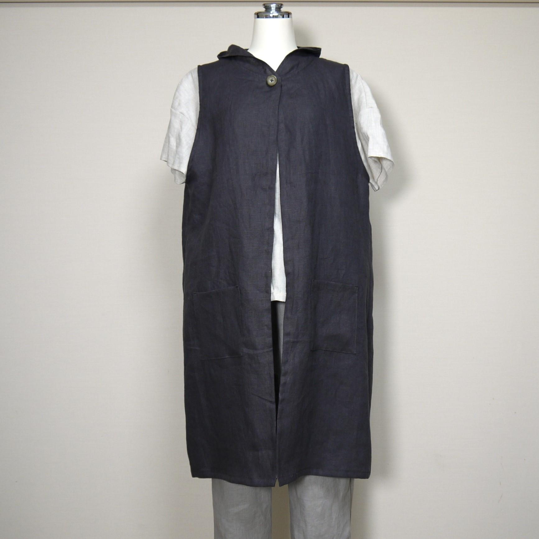 カラーリネン◆お飾りフードのロングジレ◆チャコール◆フリーサイズ(中厚、リネン100%)~ジレ・ベスト~ | 2枚目
