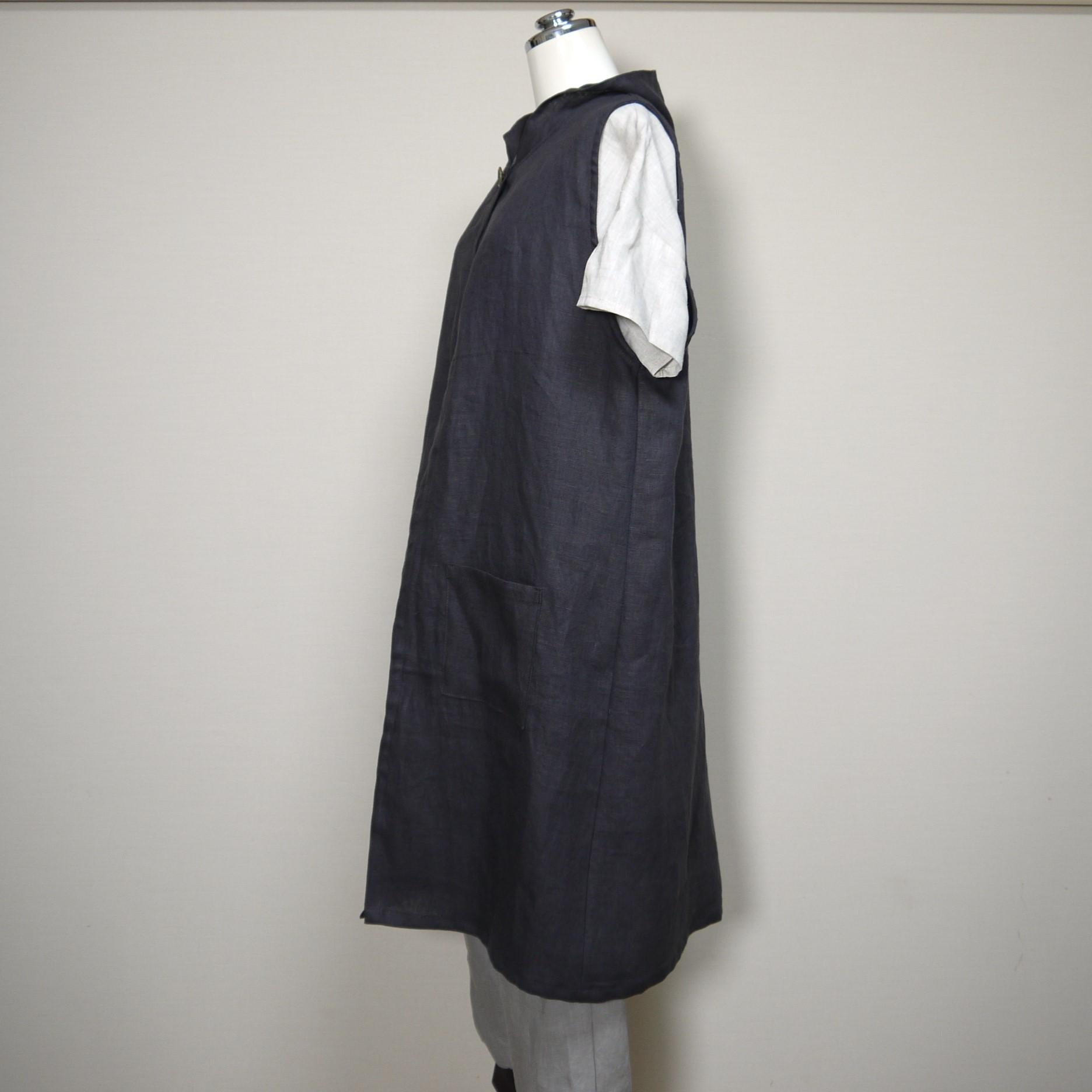 カラーリネン◆お飾りフードのロングジレ◆チャコール◆フリーサイズ(中厚、リネン100%)~ジレ・ベスト~ | 6枚目