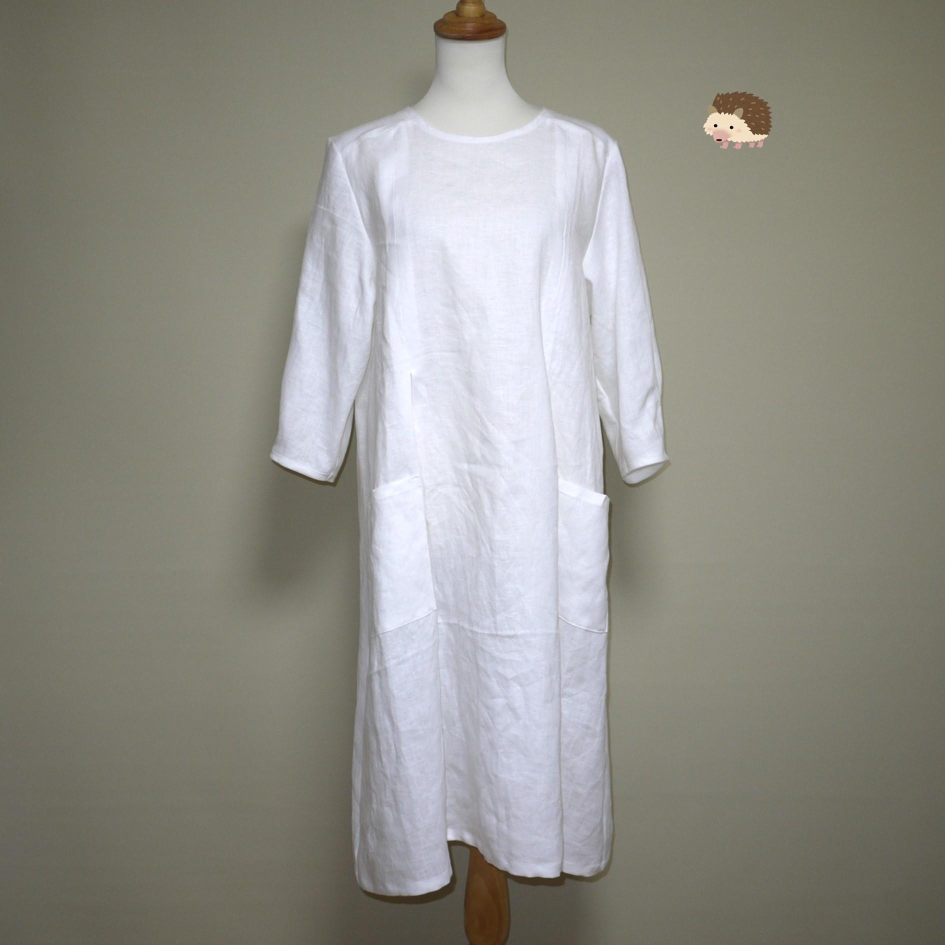 カラーリネン★クラシカルワンピ 七分袖◆オフホワイト◆S・M・L・LL(中厚、リネン100%)1枚目の画像