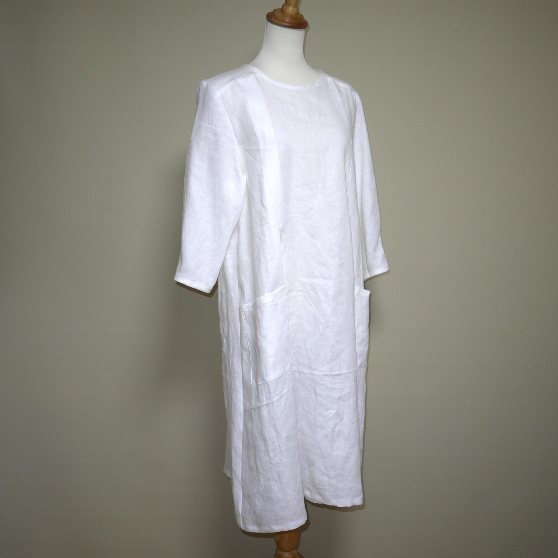 カラーリネン★クラシカルワンピ 七分袖◆オフホワイト◆S・M・L・LL(中厚、リネン100%) | 2枚目