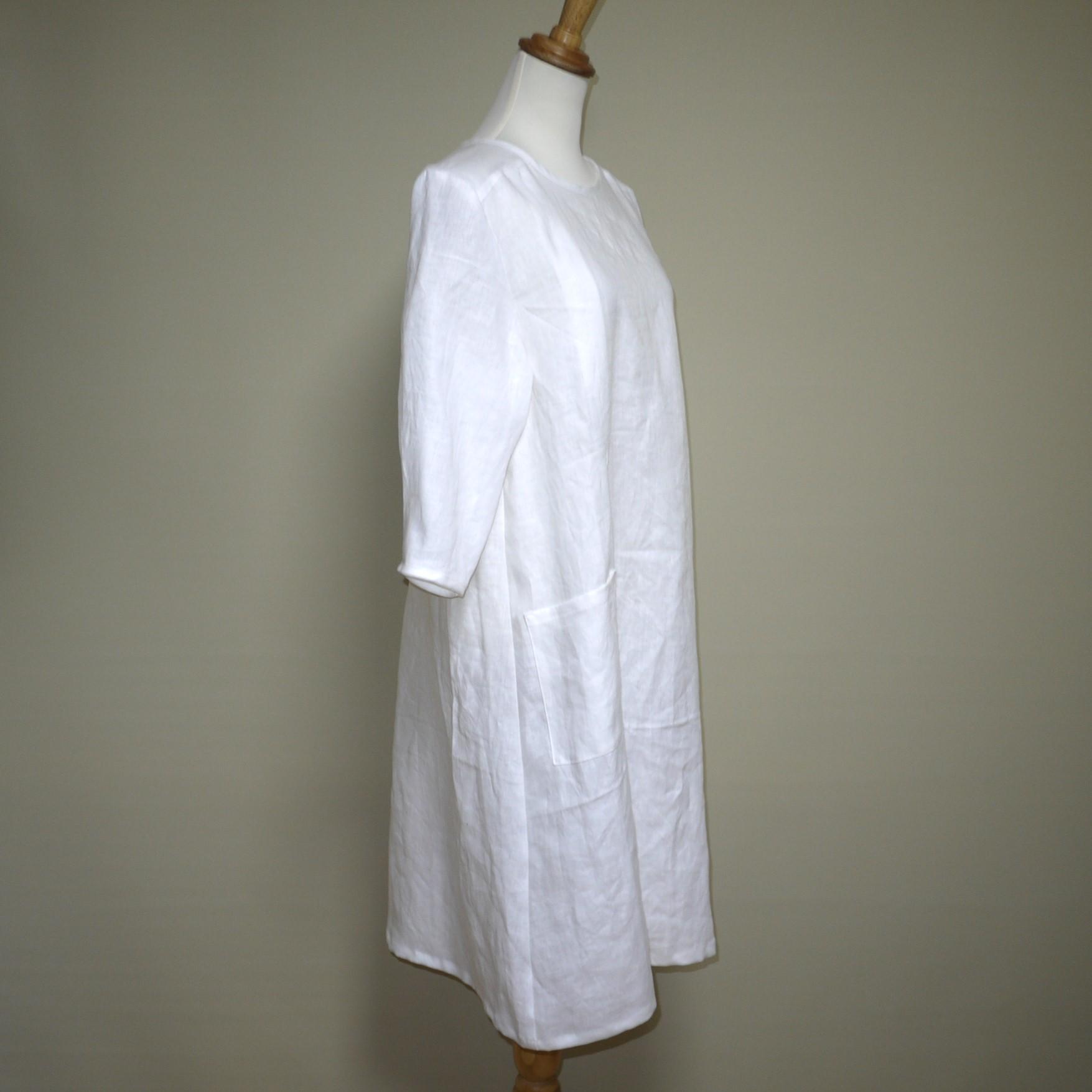 カラーリネン★クラシカルワンピ 七分袖◆オフホワイト◆S・M・L・LL(中厚、リネン100%) | 3枚目