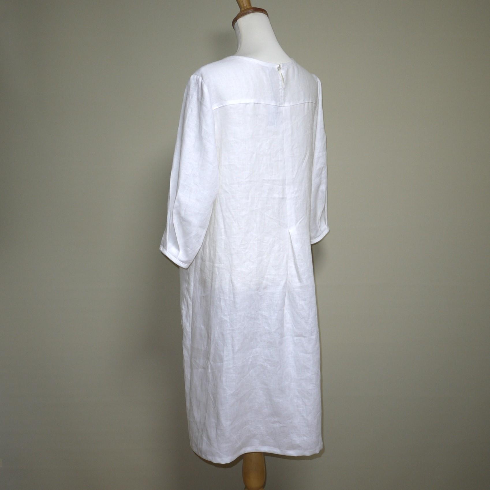 カラーリネン★クラシカルワンピ 七分袖◆オフホワイト◆S・M・L・LL(中厚、リネン100%) | 5枚目