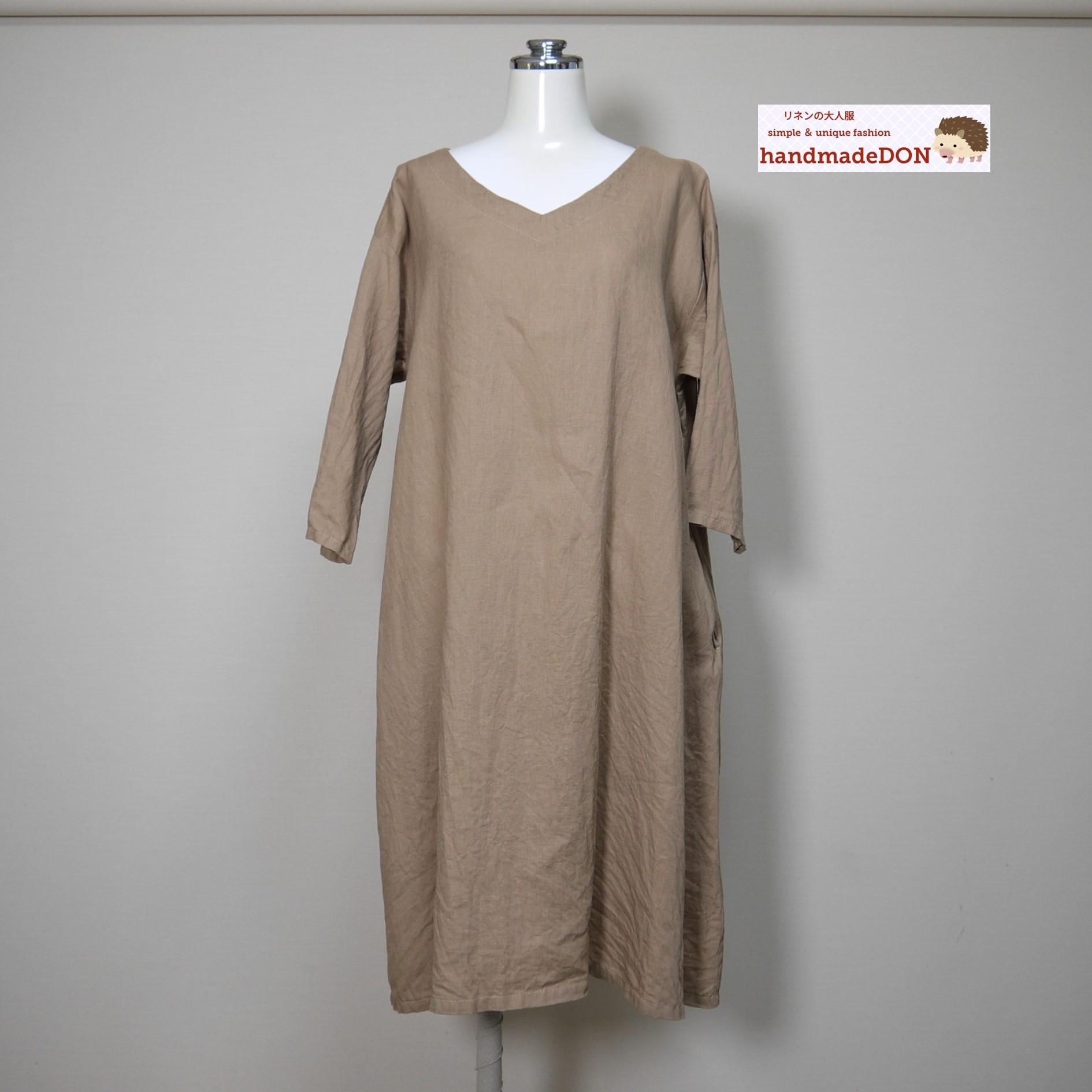 さらっとリネン◆魔女ワンピ 七分袖◆ライトキャメル◆フリーサイズ◆(中厚、リネン100%)~リネンのワンピース~1枚目の画像